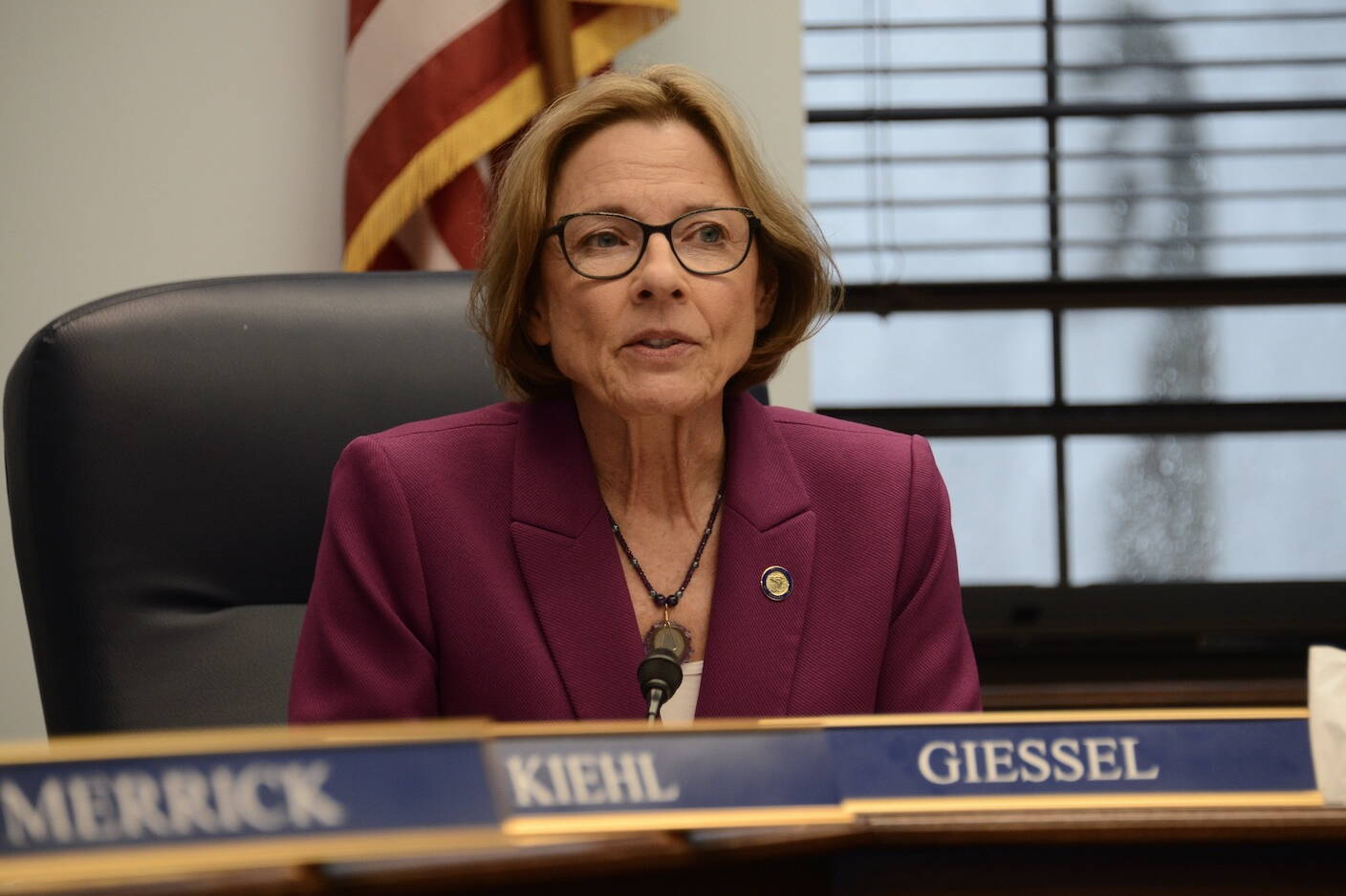 Sen. Cathy Giessel, R-Anchorage, speaks during a news conference on Wednesday, March 1, 2023. (James Brooks/Alaska Beacon)