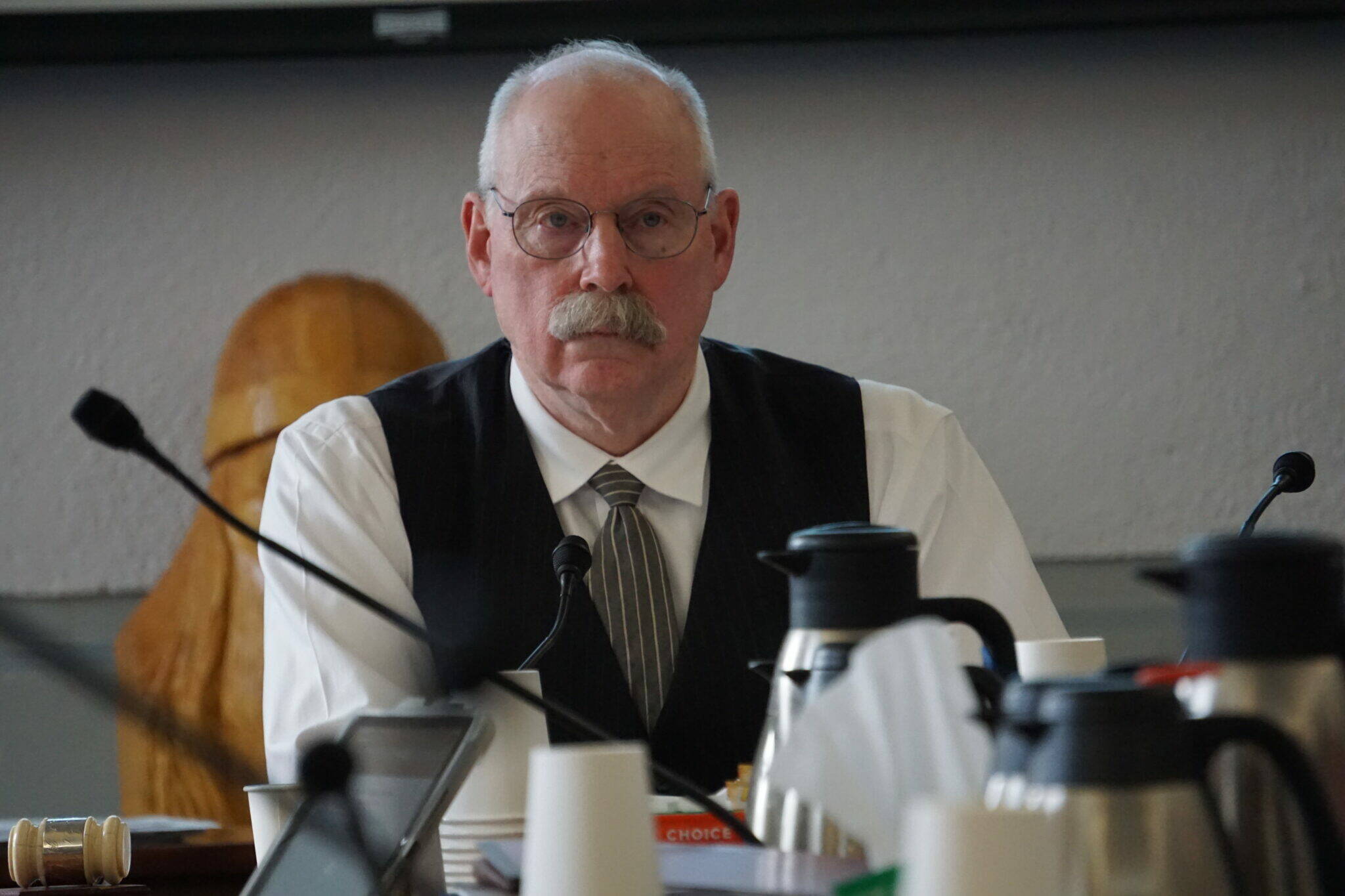 Sen. Bert Stedman chairs a Senate Finance Committee meeting in 2023. (Photo by Yereth Rosen/Alaska Beacon)