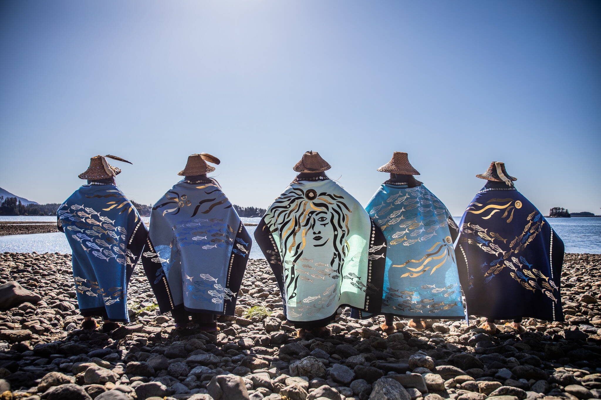 Kaxhatjaa X’óow/Herring Protectors wearing robes, which will be part of the exhibit “Protection: Adaptation & Resistance” at the Alaska State Museum on Friday. (Photo by Caitlin Blaisdell)