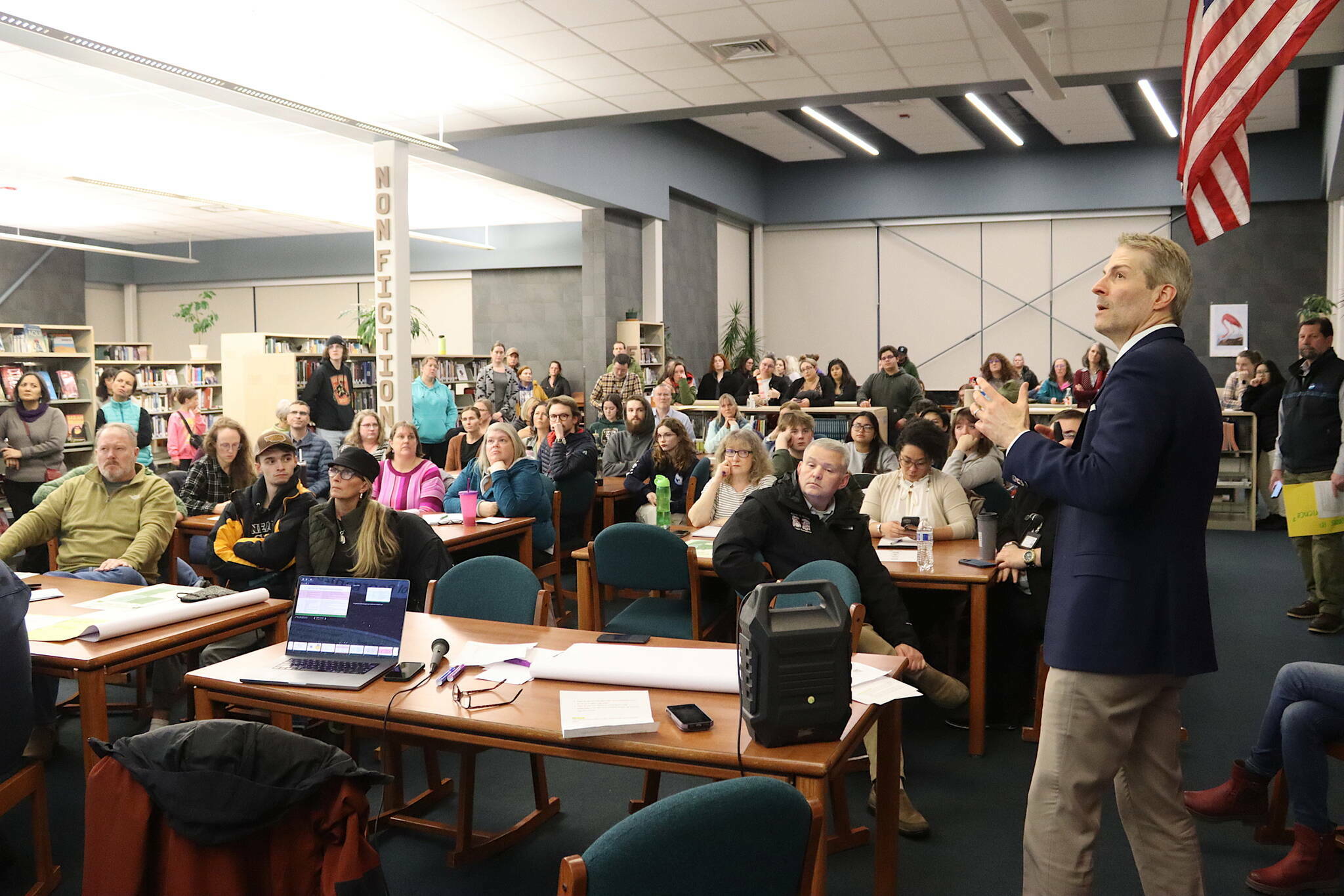 Juneau School District Superintendent Frank Hauser provides an overview of restructuring options being considered during a Community Budget Input Session at Thunder Mountain High School on Jan. 31. (Mark Sabbatini / Juneau Empire file photo)