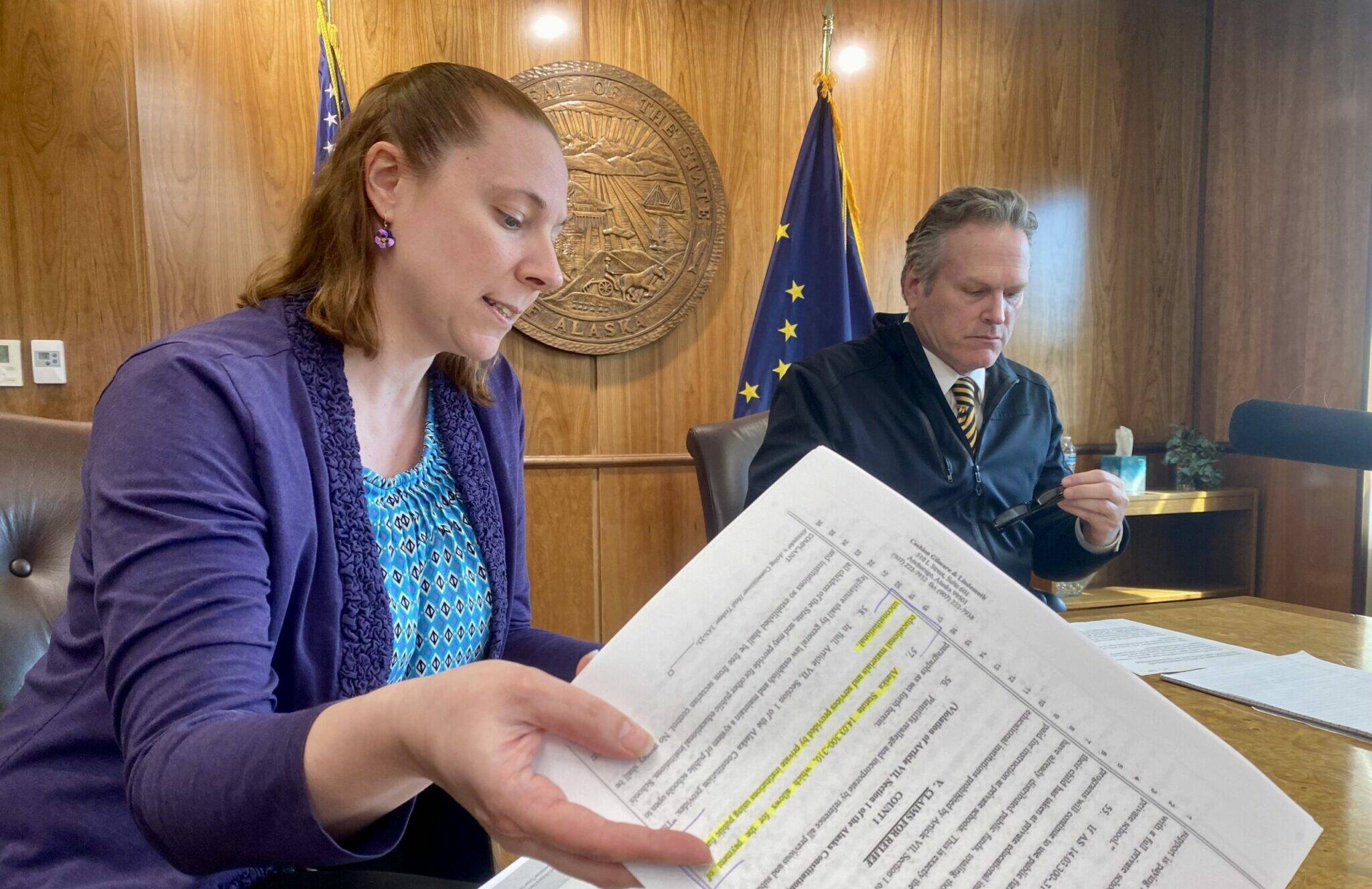 Deputy Attorney General Cori Mills explains the administration’s understanding of a ruling that struck down key components of the state’s correspondence school program, in the Alaska State Capitol on Wednesday. (Claire Stremple/Alaska Beacon)