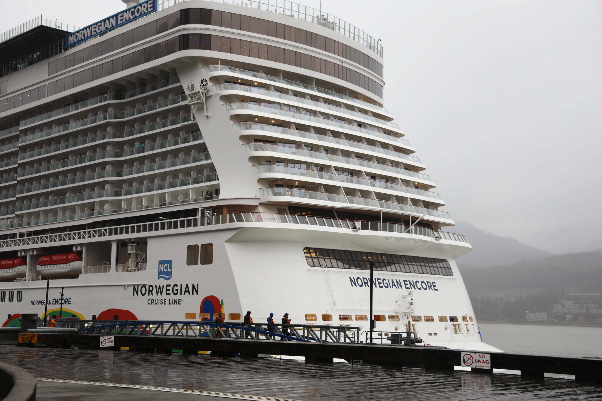 Norwegian Cruise Line’s Norwegian Encore berths in Juneau Harbor in late October of 2022. (Clarise Larson / Juneau Empire file photo)