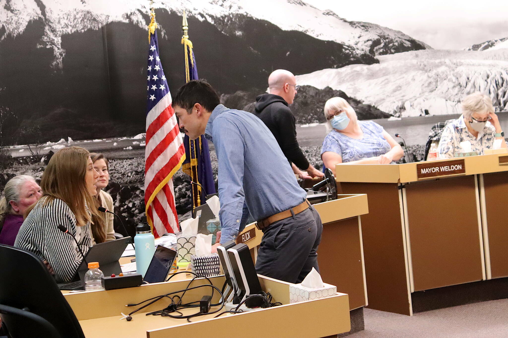 Juneau Assembly members and city administrators meet to discuss budget matters involving the Juneau School District on Feb. 7. (Mark Sabbatini / Juneau Empire file photo)