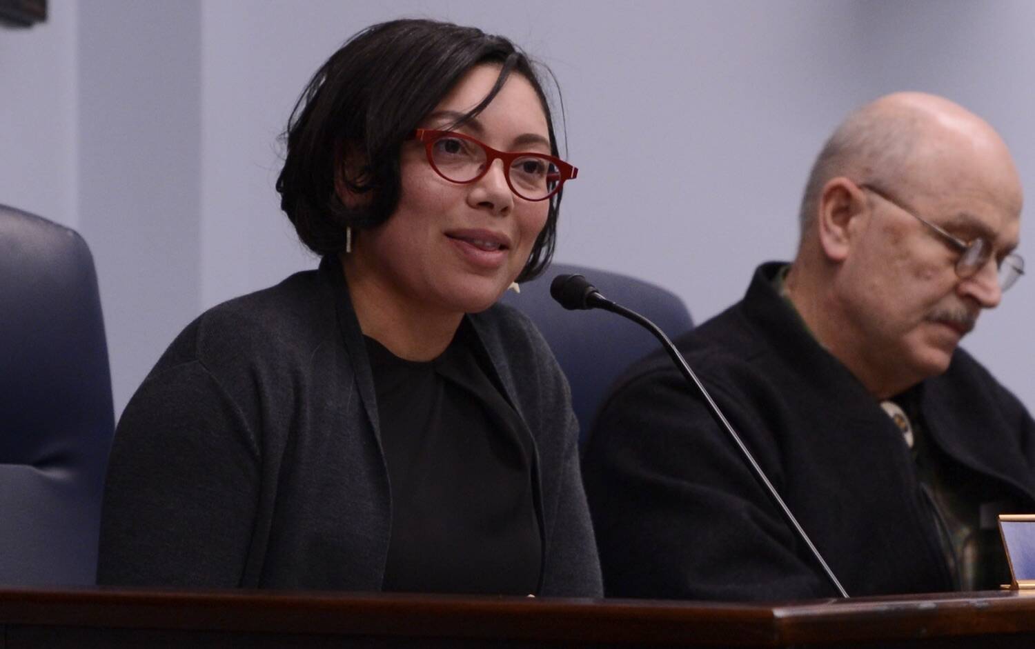 Sen. Löki Tobin, D-Anchorage, is seen during a news conference on Wednesday, March 13. (James Brooks/Alaska Beacon)