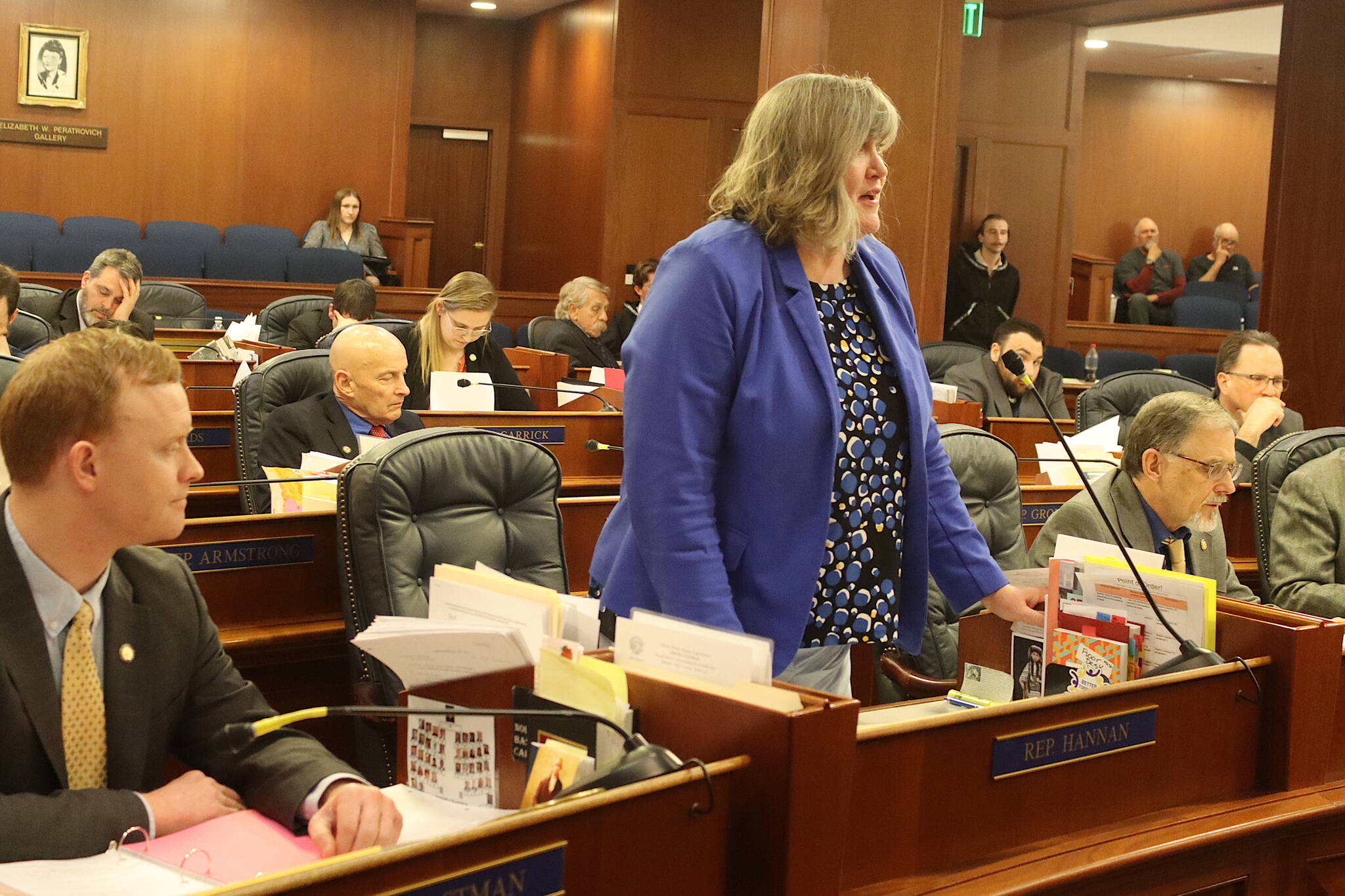 Rep. Sara Hannan, D-Juneau, speaks in favor of an amendment to a bill restricting transgender students from participating in school sports during a floor debate Saturday at the Alaska State Capitol. (Mark Sabbatini / Juneau Empire)