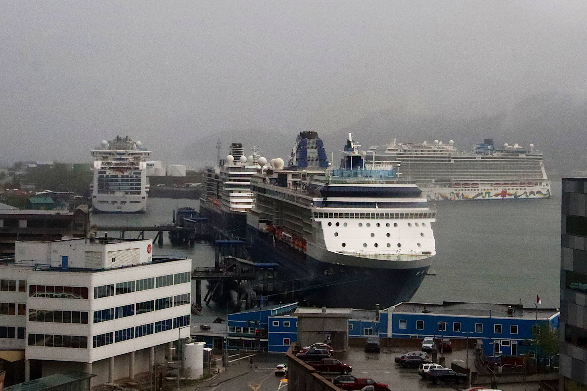 Four cruise ships dock in Juneau on Tuesday afternoon, shortly after the departure of a fifth ship also in town during the day. (Mark Sabbatini / Juneau Empire)