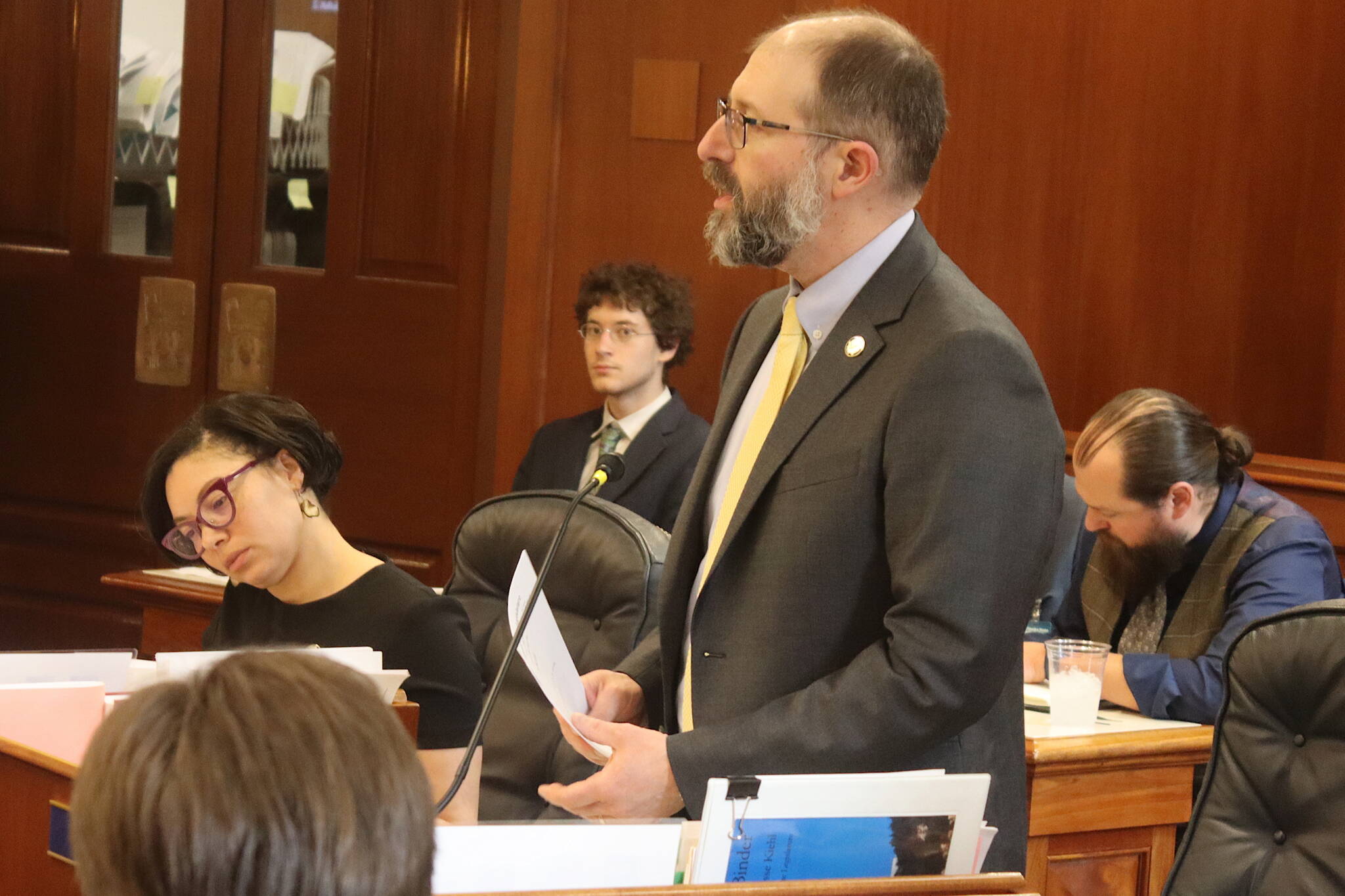 State Sen. Jesse Kiehl, D-Juneau, discusses his bill banning “forever chemicals” in firefighting foams just before it received final passage by the Alaska Legislature on Wednesday. (Mark Sabbatini / Juneau Empire)
