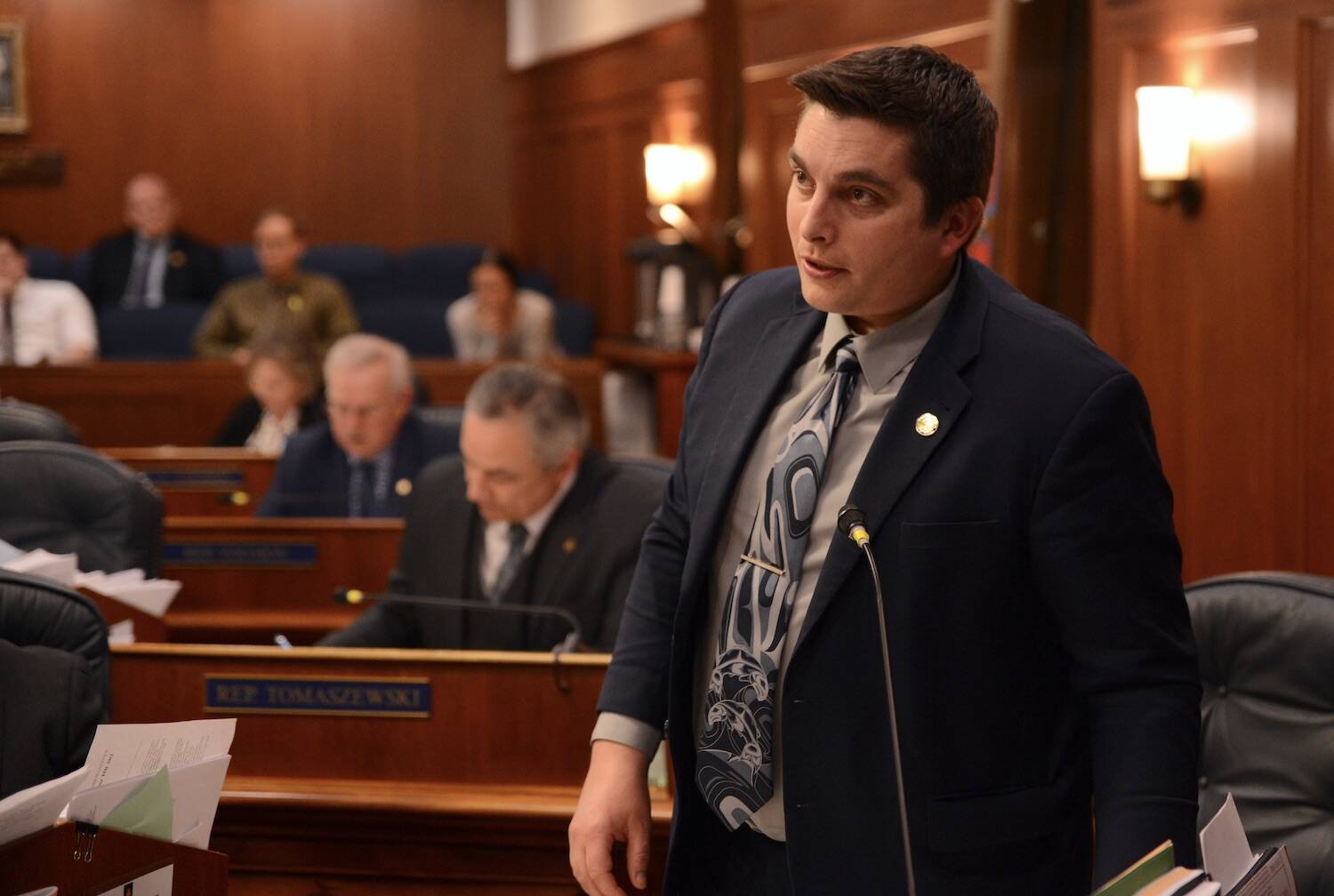 Rep. Justin Ruffridge, R-Soldotna, speaks Wednesday on the floor of the Alaska House. (James Brooks/Alaska Beacon)