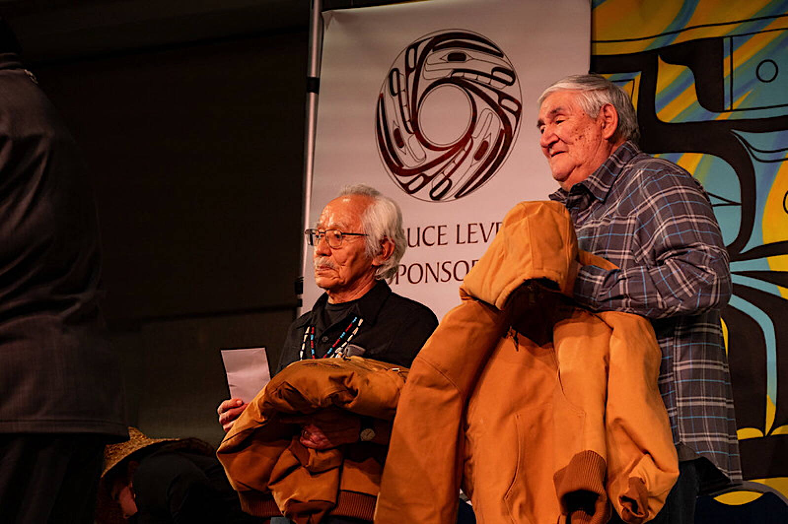 Nathan Jackson (left) and John Hagen accept awards at the Central Council of the Tlingit and Haida Indian Tribes of Alaska President’s Awards banquet. (Courtesy photo)