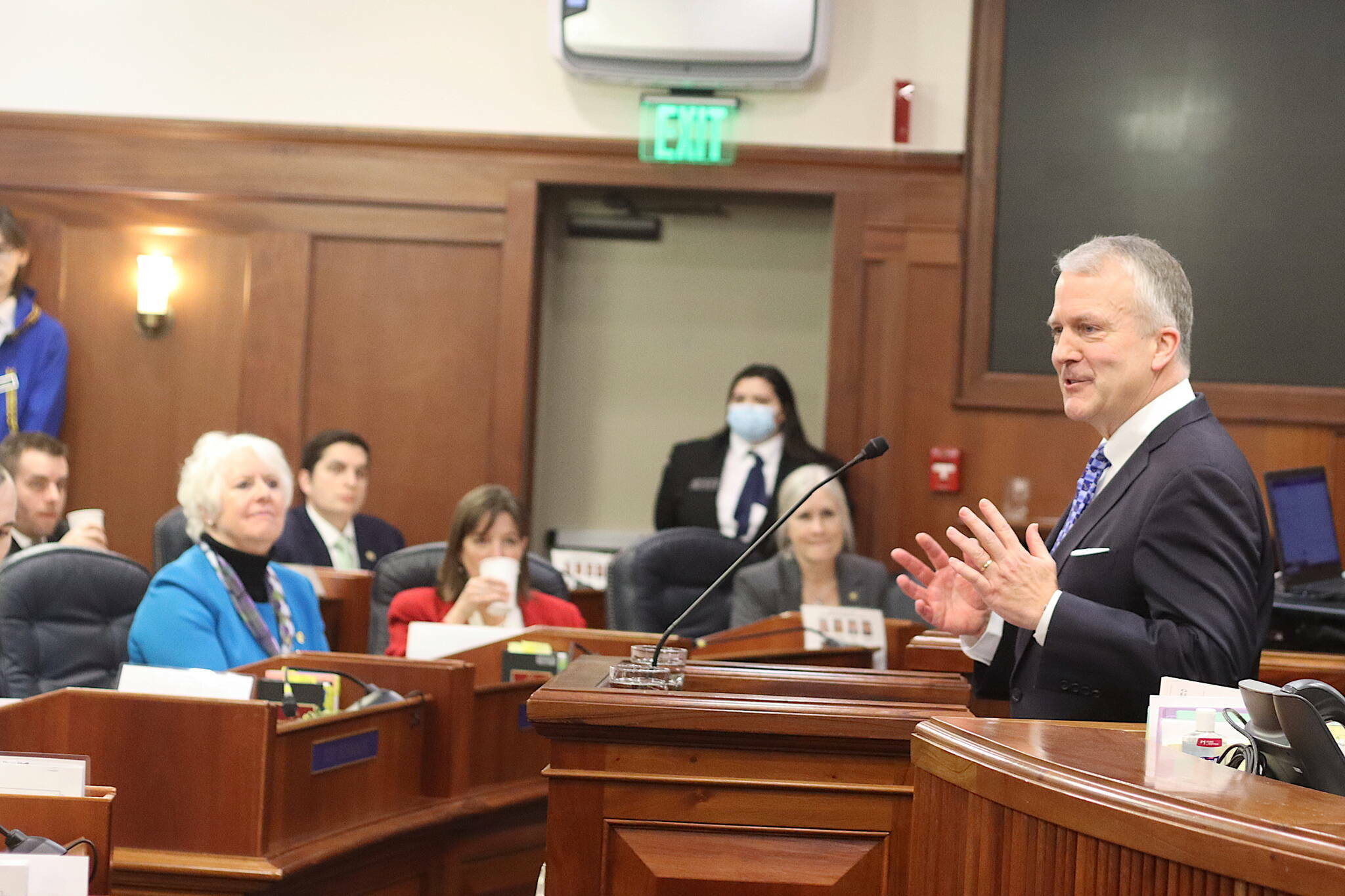 U.S. Sen. Dan Sullivan addresses a joint session of the Alaska State Legislature in the House chambers on Feb. 7, 2023. (Mark Sabbatini / Juneau Empire file photo)