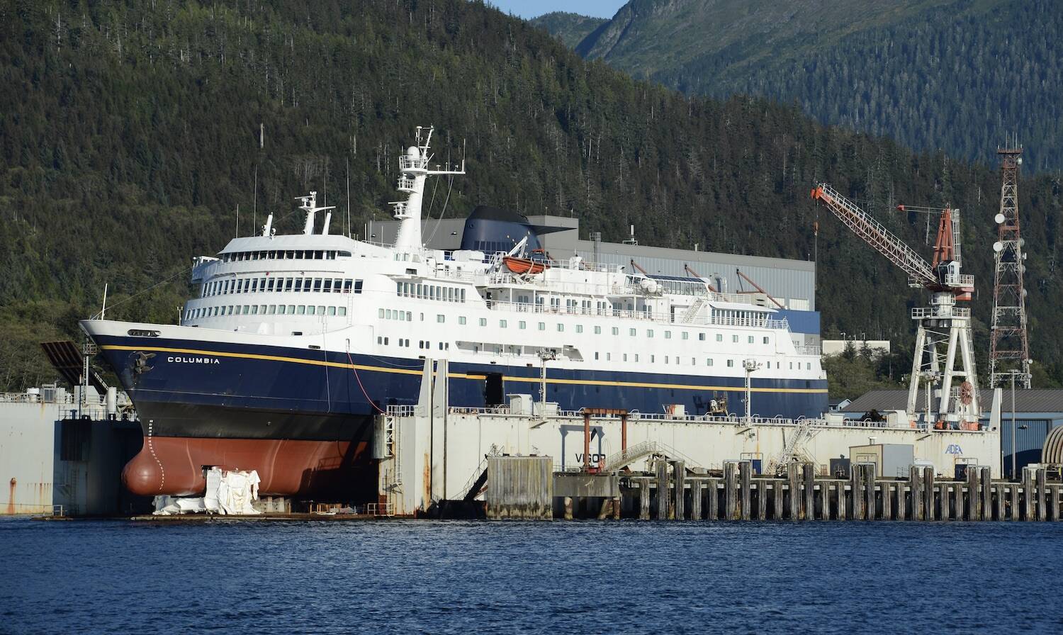 The Alaska Marine Highway System ferry Columbia is seen in drydock on Monday, Sept. 12, 2022 in Ketchikan. (James Brooks/Alaska Beacon)