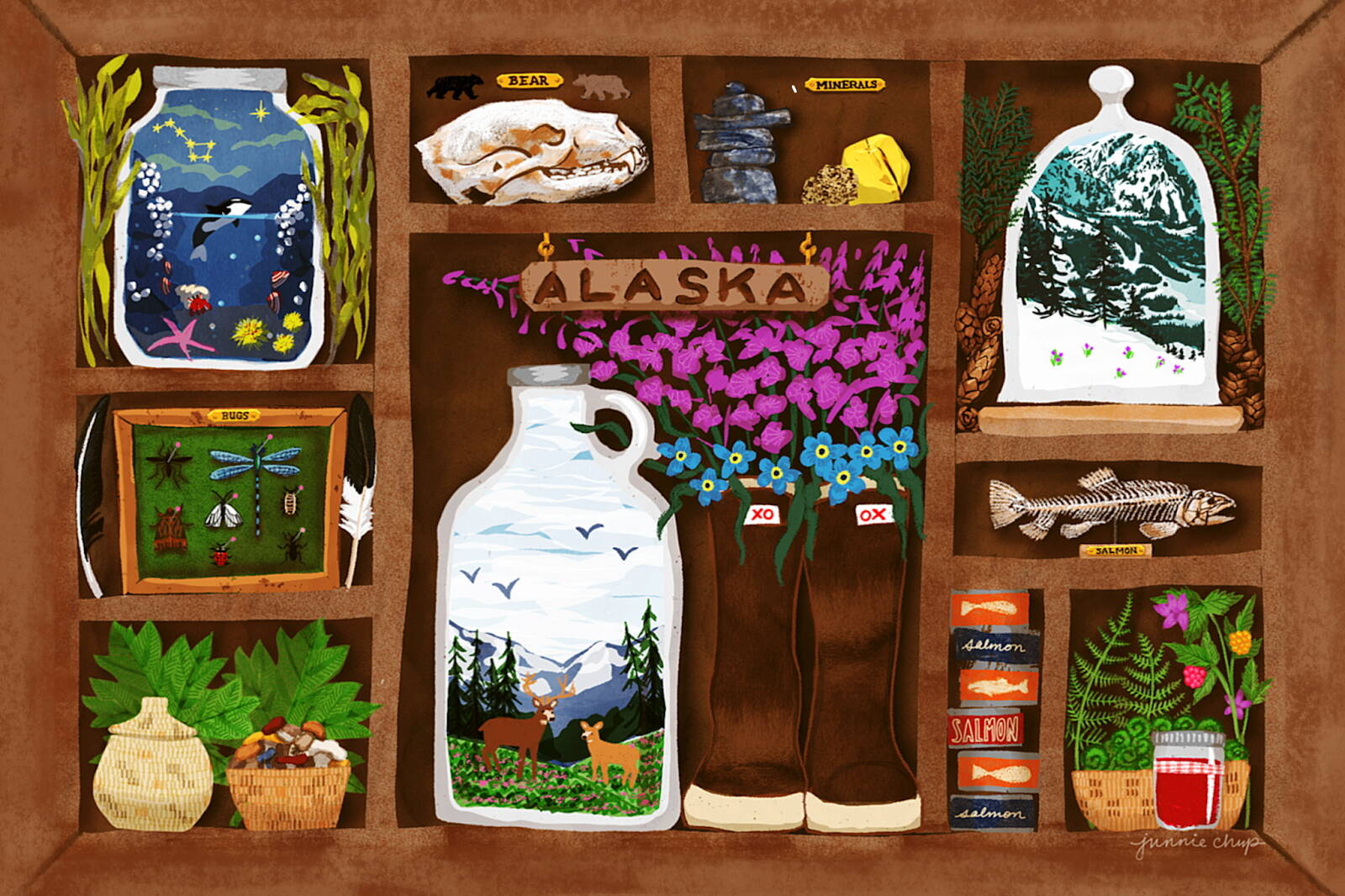 “Curiosities of Alaska” by Junnie Chup, which won first place in Kindred Post’s 2024 statewide postcard art contest. (Photo courtesy of Kindred Post)