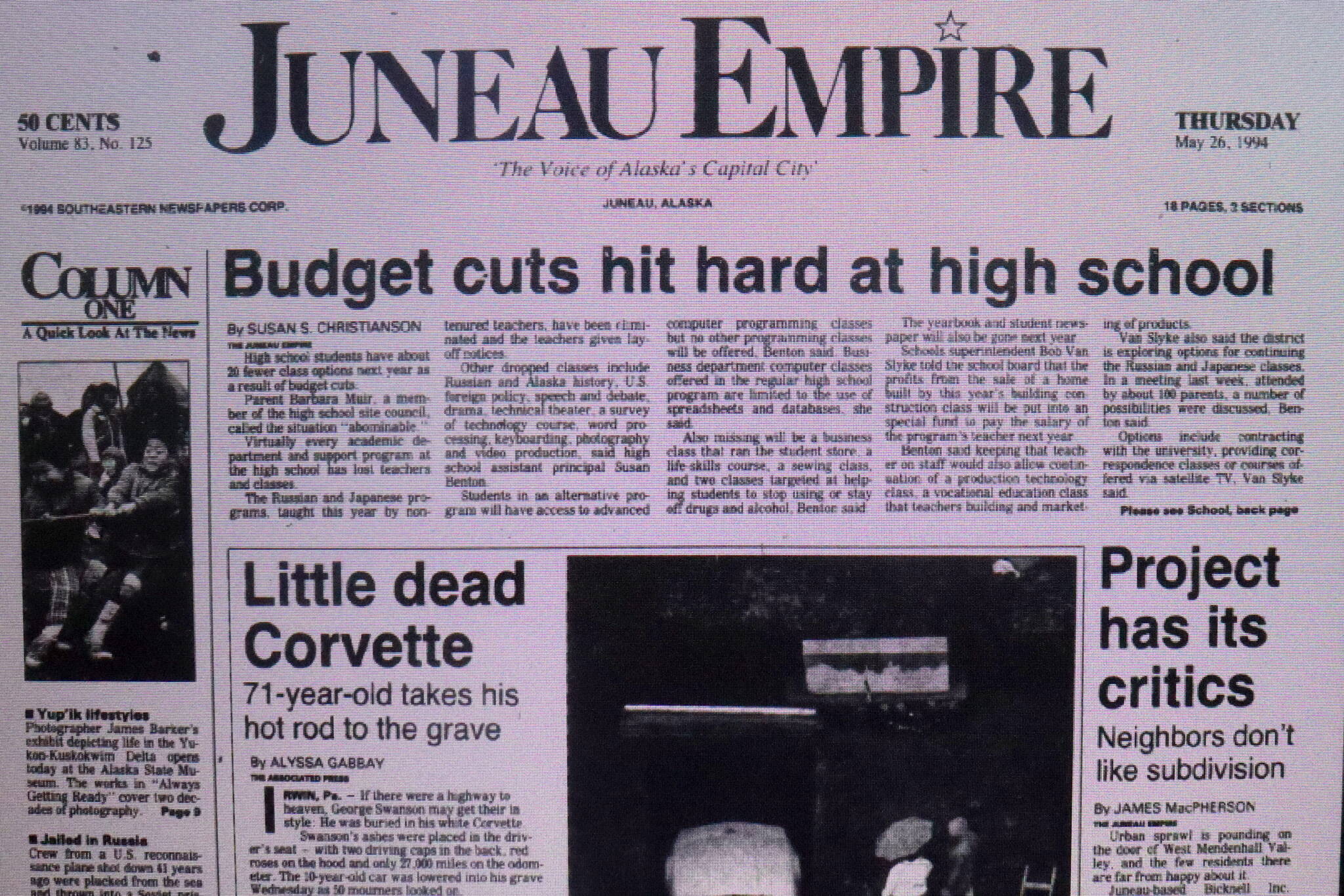 The front page of the Juneau Empire on May 26, 1994. (Mark Sabbatini / Juneau Empire)