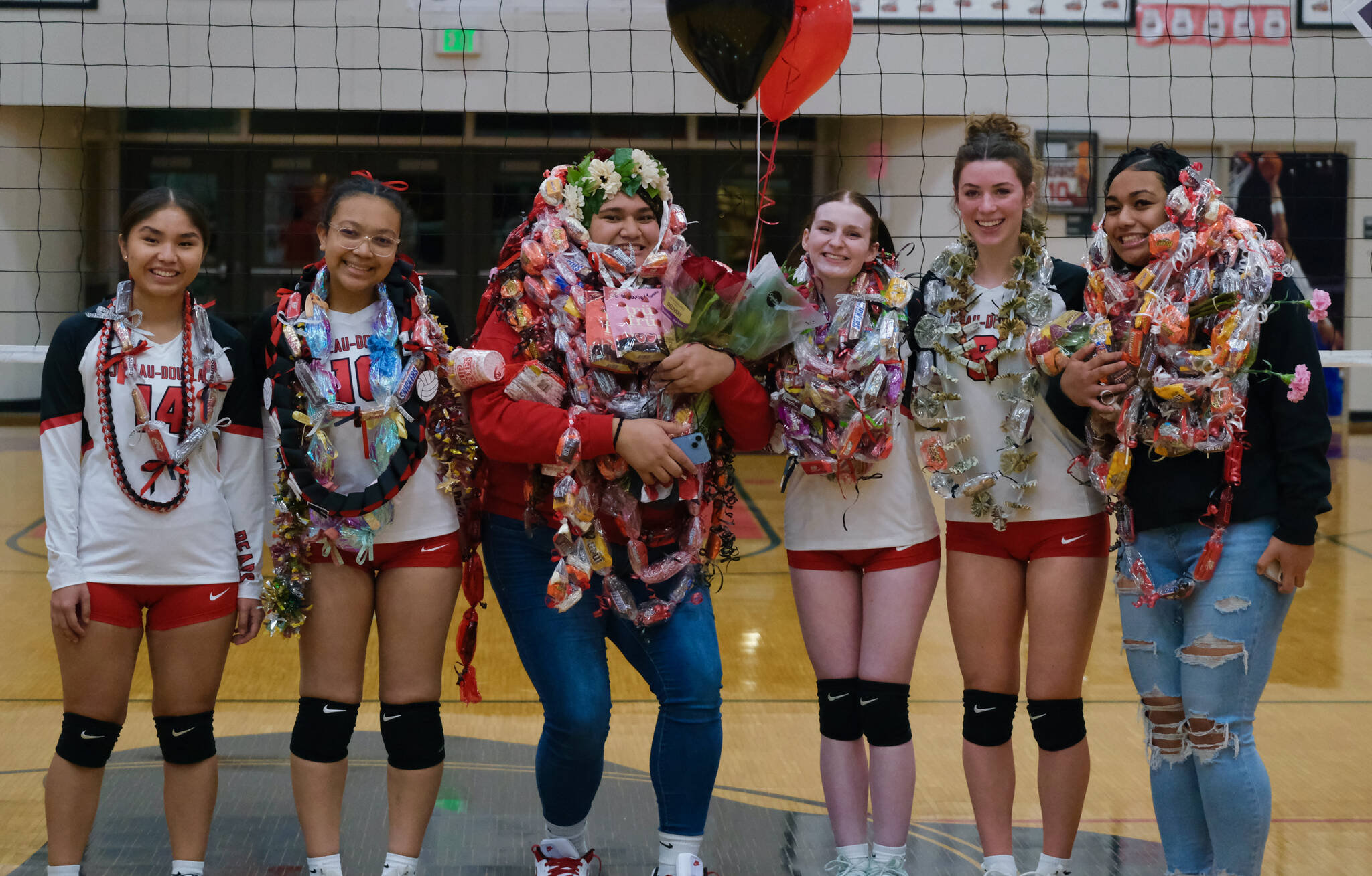 Juneau-Douglas High School: Yadaa.at Kalé volleyball seniors Neveah Alexander, Nina Jeter, Maxi Lehulie, Tatum Billings, Evelyn Richards and Val Mausia were honored before Friday nights game against Wasilla at the George Houston Gymnasium. (Klas Stolpe/Juneau Empire)
