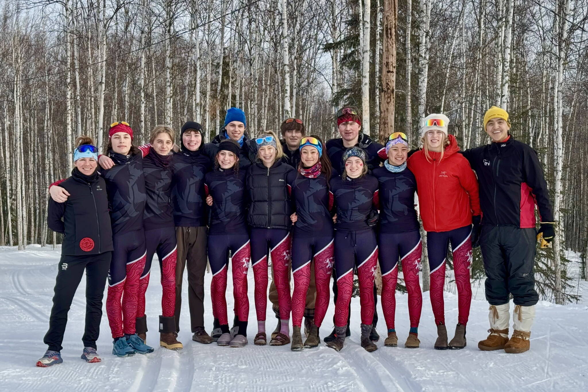 The Juneau-Douglas High School: Yadaa.at Kalé Nordic Ski team at the 2025 ASAA/First National Bank Alaska Nordic Ski State Championships at Fairbanks Birch Hill Recreation Area. (Photo courtesy JDHS Nordic Ski team)