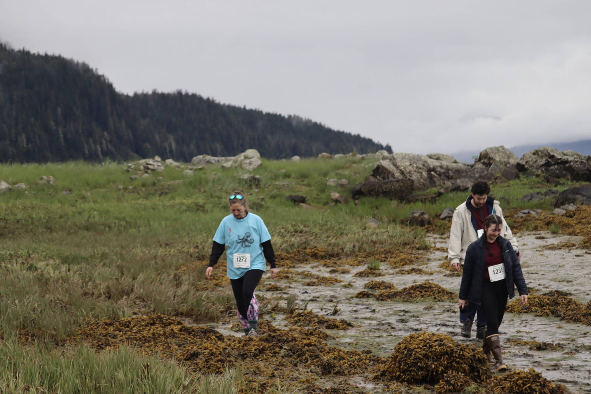 Participants carefully walk through a particularly sticky patch of Gastineau Channel mud at the 2025 Spring Tide Scramble on Saturday, May 31, 2025. (Ellie Ruel / Juneau Empire)