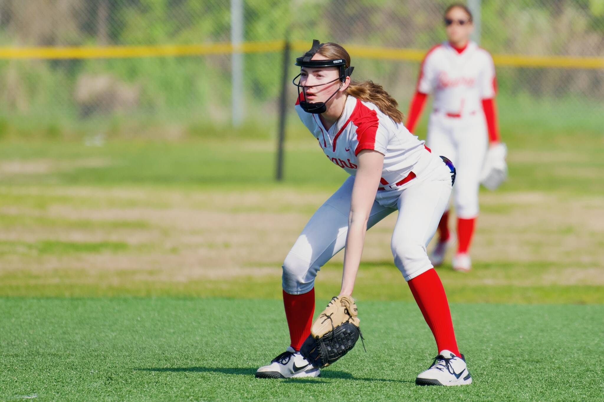 Juneau-Douglas High School: Yadaa.at Kalé junior Gwen Nizich readies for action during Fridays 9-8 loss to Dimond in the 2025 ASAA/First National Bank Alaska DI Softball State Tournament at Anchorages Cartee Fields. (Photo courtesy JDHS softball)