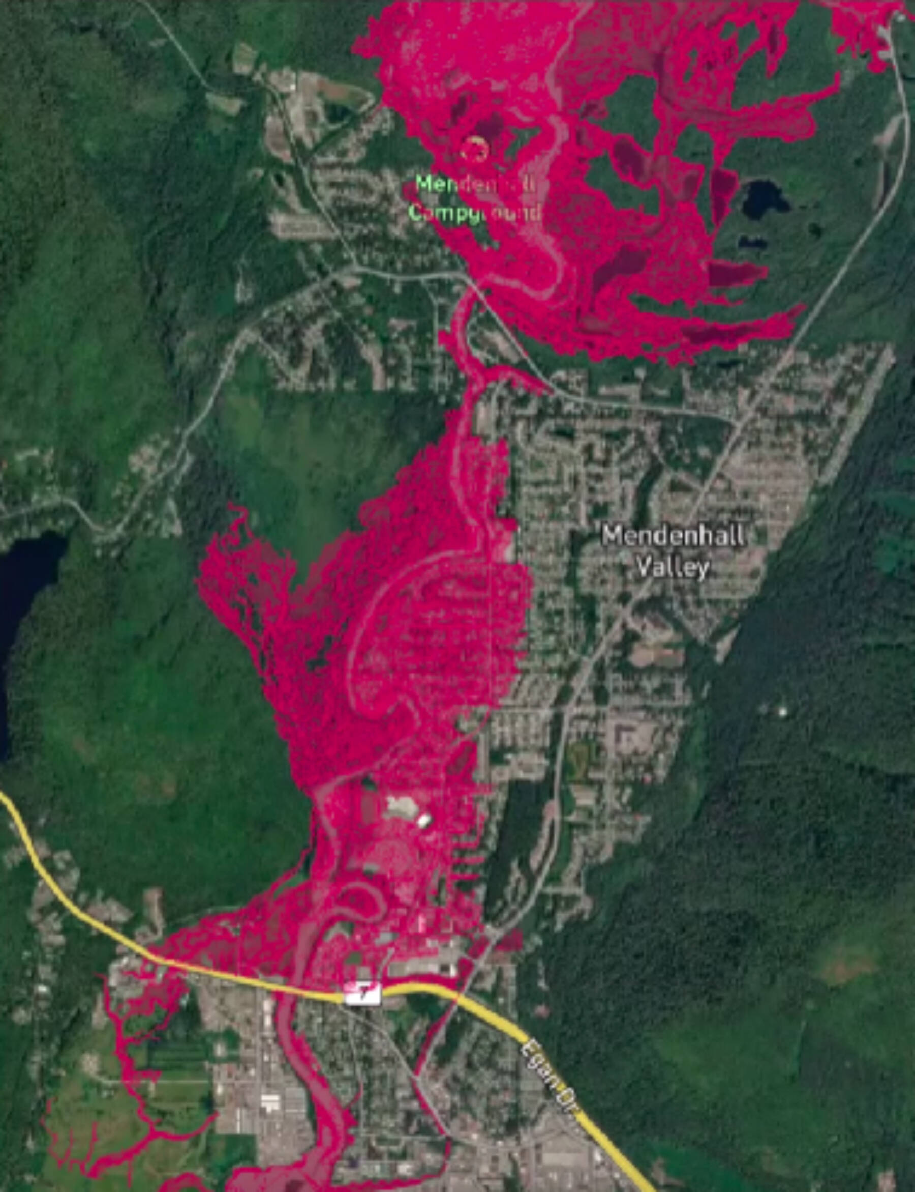A flood inundation map shows areas in Juneau’s Mendenhall Valley that are urged to evacuate during the 2025 annual glacial outburst flooding event, which is estimated to have begun Monday evening and is expected to crest Wednesday afternoon.