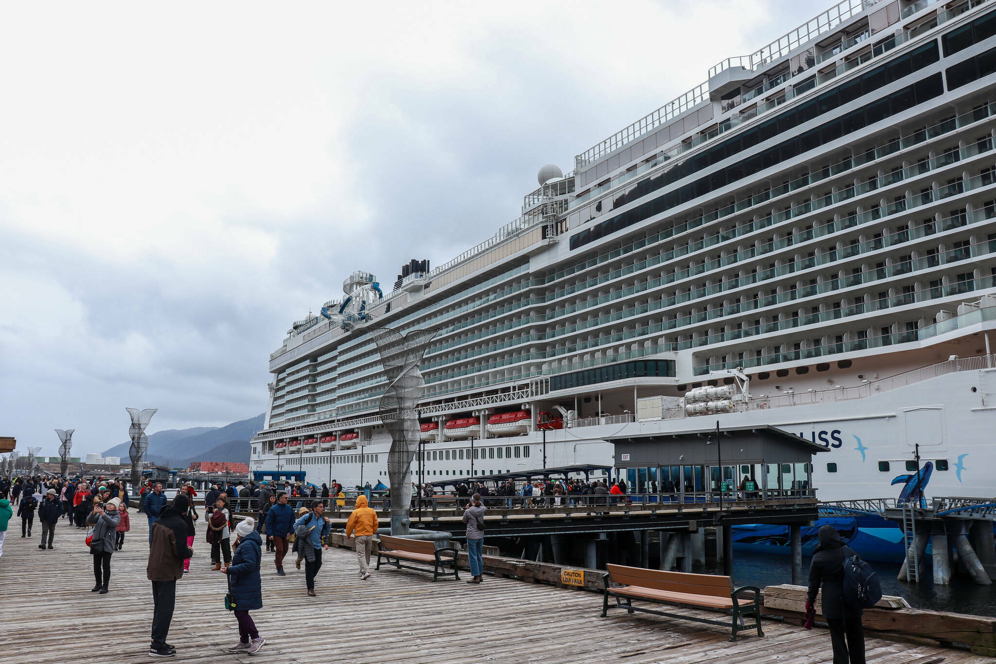 The Norwegian Bliss arrives in Juneau on Monday, April 14, 2025. (Jasz Garrett / Juneau Empire file photo)