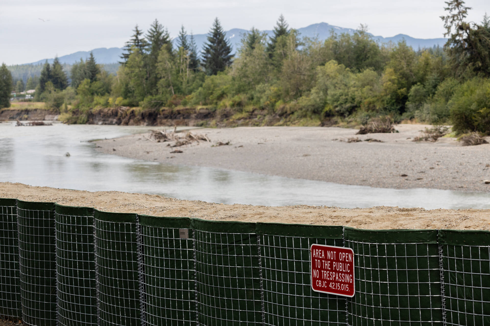 HESCO flood barriers installed near the banks of the Mendenhall River are photographed on Friday, Aug. 15, 2025, in Juneau, Alaska. Water levels rose by a record-breaking 16.65 feet on the morning of Aug. 13 during a glacial outburst from Suicide Basin. (Chloe Anderson/Juneau Empire)
