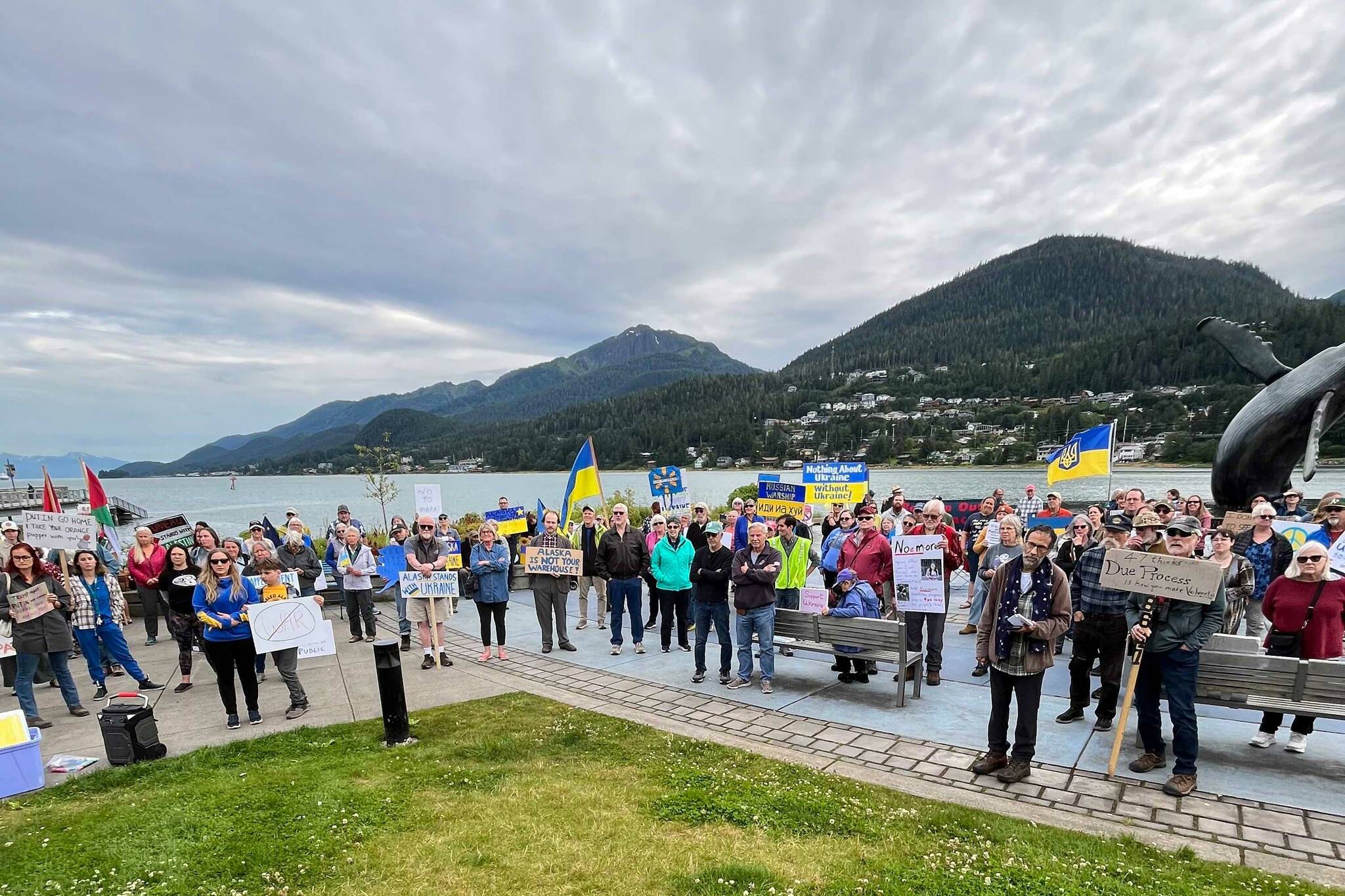 Hundreds gather at the “No War Criminals” protest at The Whale in Bill Overstreet Park in Juneau, Alaska, on Friday, Aug. 15, 2025. (Photo provided by Juneau For Democracy)