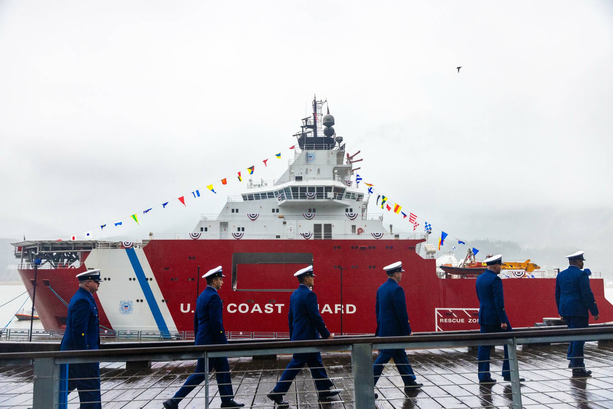 Sailors participate in the commissioning ceremony for U.S. Coast Guard polar icebreaker Storis, on Sunday, Aug. 10, 2025, in Juneau, Alaska. (Image courtesy the Office of U.S. Sen. Dan Sullivan)
