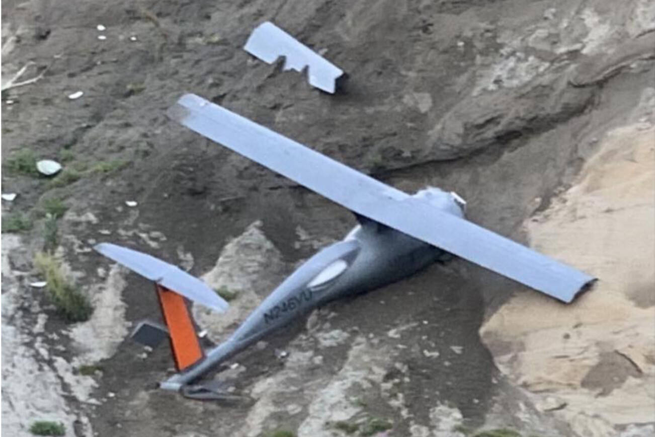 An ultra-endurance long-range drone registered to Vanilla Unmanned crashed into a bluff near Ninilchik, Alaska on Wednesday, Aug. 20, 2025. (Contributed photo)
