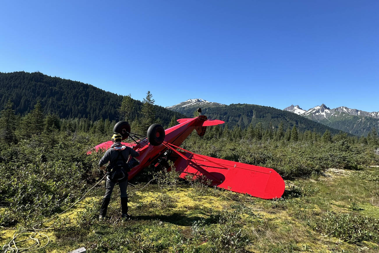 The downed aircraft near Haines, Alaska, Aug. 24, 2025. The pilot was the only person aboard the aircraft and had no reported injuries. (U.S. Coast Guard photo courtesy of Air Station Sitka)