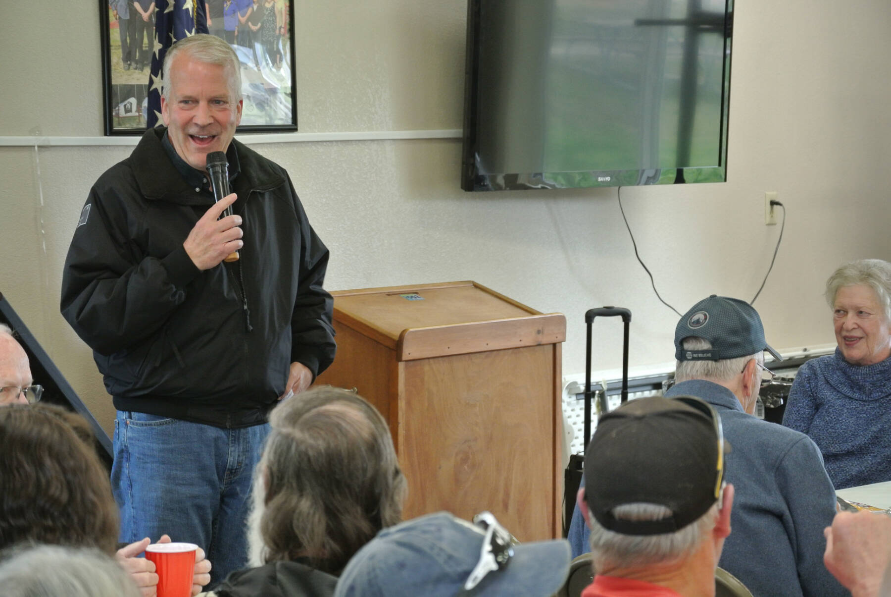 U.S. Senator Dan Sullivan, R-Alaska, speaks to Anchor Point residents during a community meeting held at the Virl Pa Haga VFW Post 10221 on Friday, May 30, 2025, in Anchor Point, Alaska. (Delcenia Cosman/Homer News)