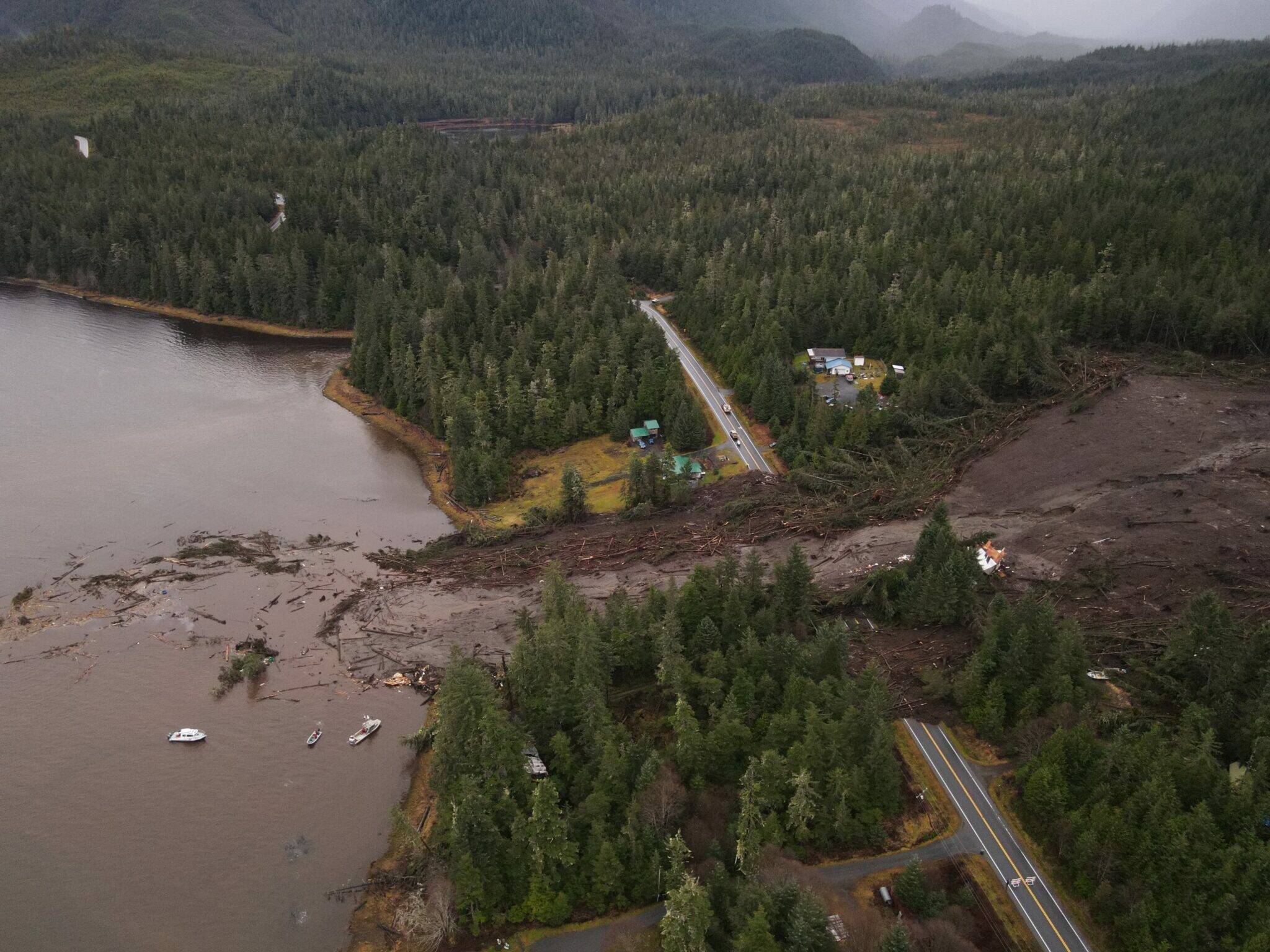 The deadly landslide that crashed through the outskirts of Wrangell on the night of Nov. 20, 2023, is seen from the air on the following day. The landslide killed six people and blocked a major road, the Zimovia Highway. (Photo provided by Alaska Department of Transportation and Public Facilities)