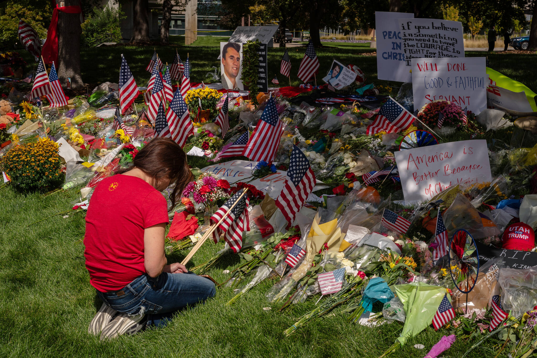 A makeshift memorial on the Utah Valley University campus, where Turning Point USA founder Charlie Kirk was assassinated by a gunman a few days earlier, in Orem, Utah, Sept. 14, 2025. (Loren Elliott/The New York Times)