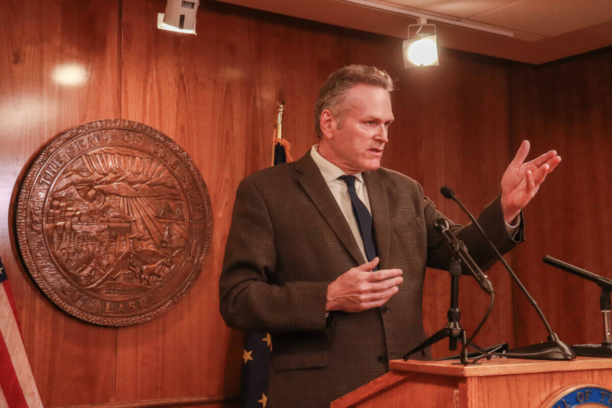 Gov. Mike Dunleavy speaks during a press conference at the Alaska State Capitol on Monday, May 19, 2025. (Jasz Garrett / Juneau Empire file photo)
