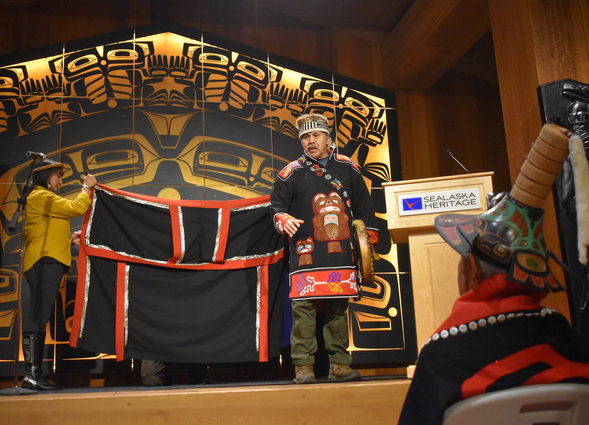 Joe Yeilnaawú Zuboff performs Yéik Utee (Imitating the Spirits) at the Sealaska Heritage Institute ceremony on Monday. “We’re calling on our ancestors, the ones before us that got us to this point we’re to give thanks to them,” Zuboff said.