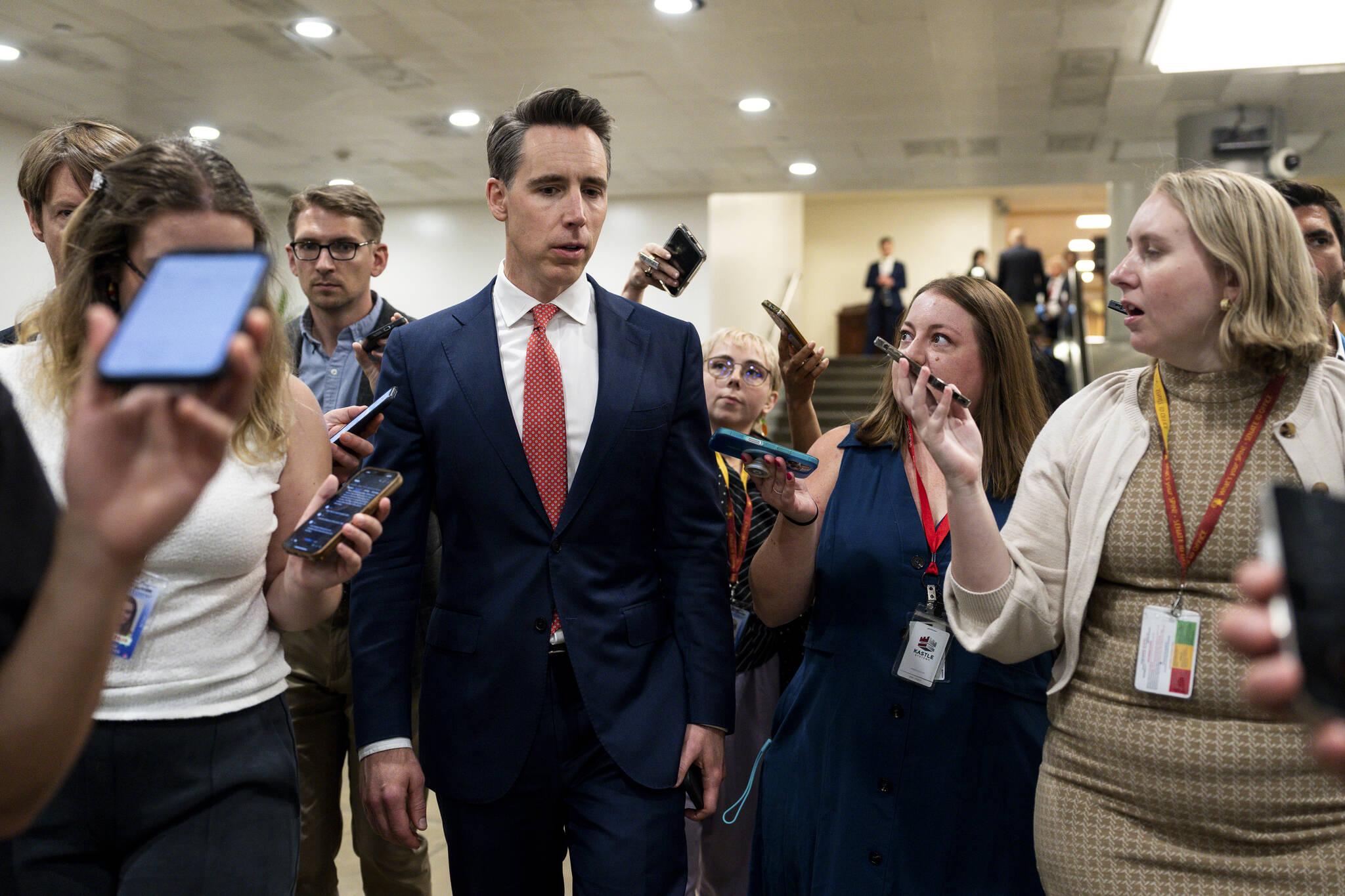 Tierney L. Cross/The New York Times
Sen. Josh Hawley (R-Mo.) speaks to reporters at the Capitol in Washington, June 24, 2025. Hawley is one of the sponsors of the Faster Labor Contracts Act.