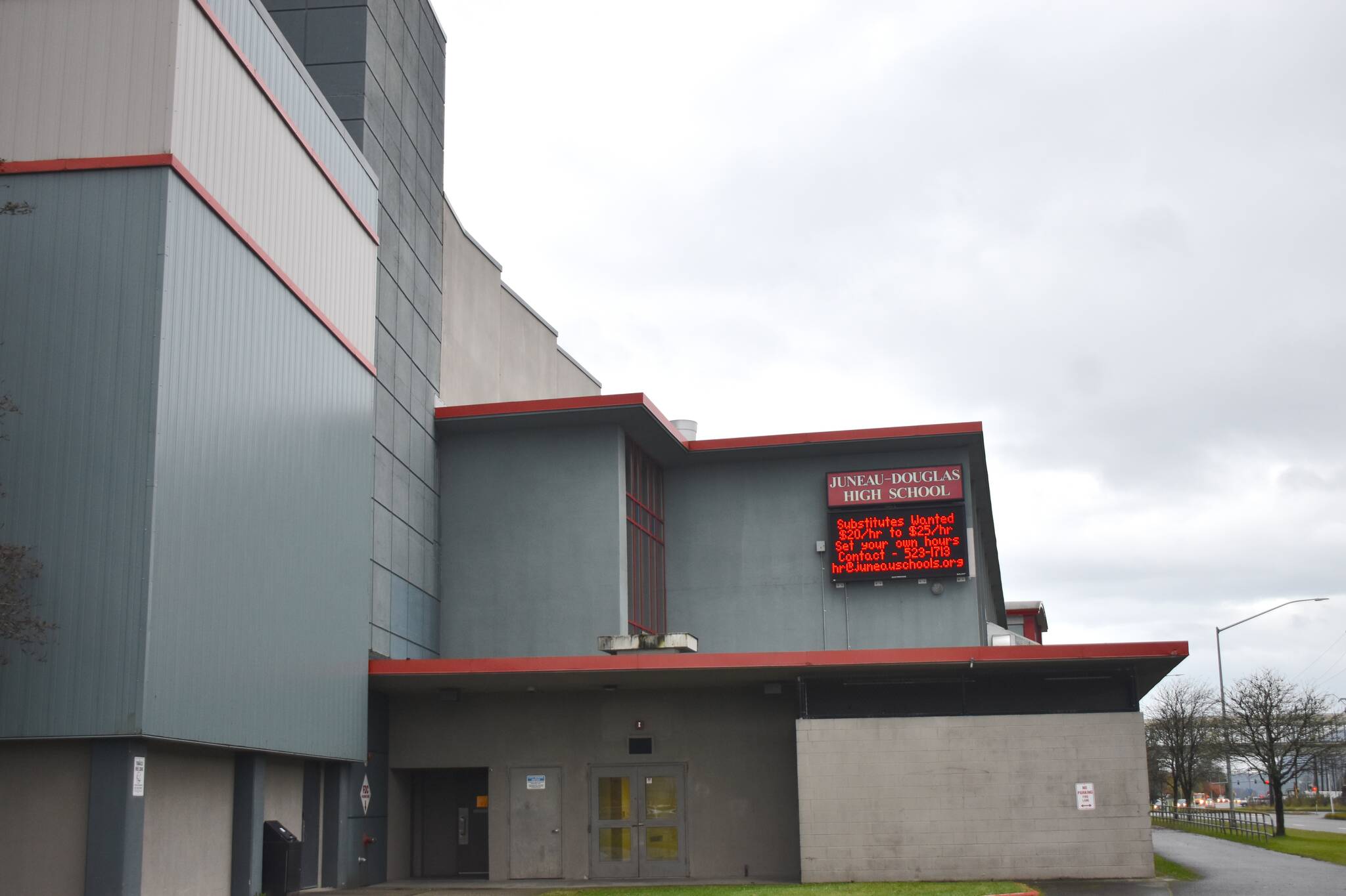 The digital billboard on Juneau-Douglas High School: Yadaa.at Kalé says Substitutes Wanted. on Monday, October 20. (Mari Kanagy/Juneau Empire)