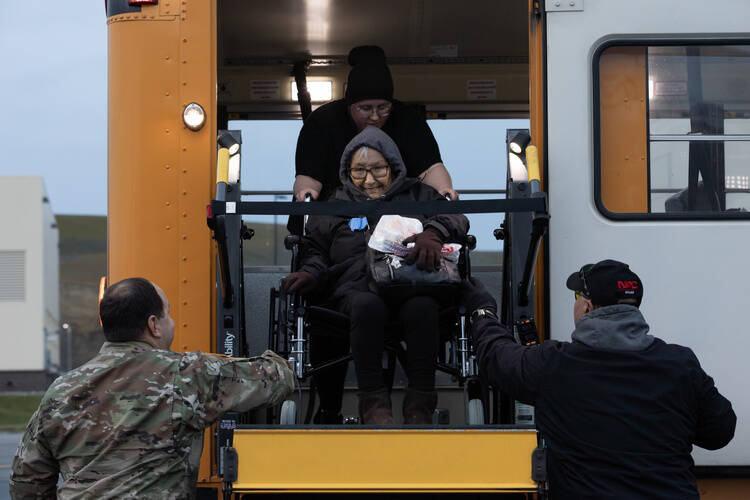 Alaska National Guard photo by Alejandro Peña
Alaska Air National Guard C-17 Globemaster III aircrew, assigned to the 176th Wing, arrive at Joint Base Elmendorf-Richardson, Alaska, with 62 evacuated residents from western Alaska, Oct. 17, 2025.