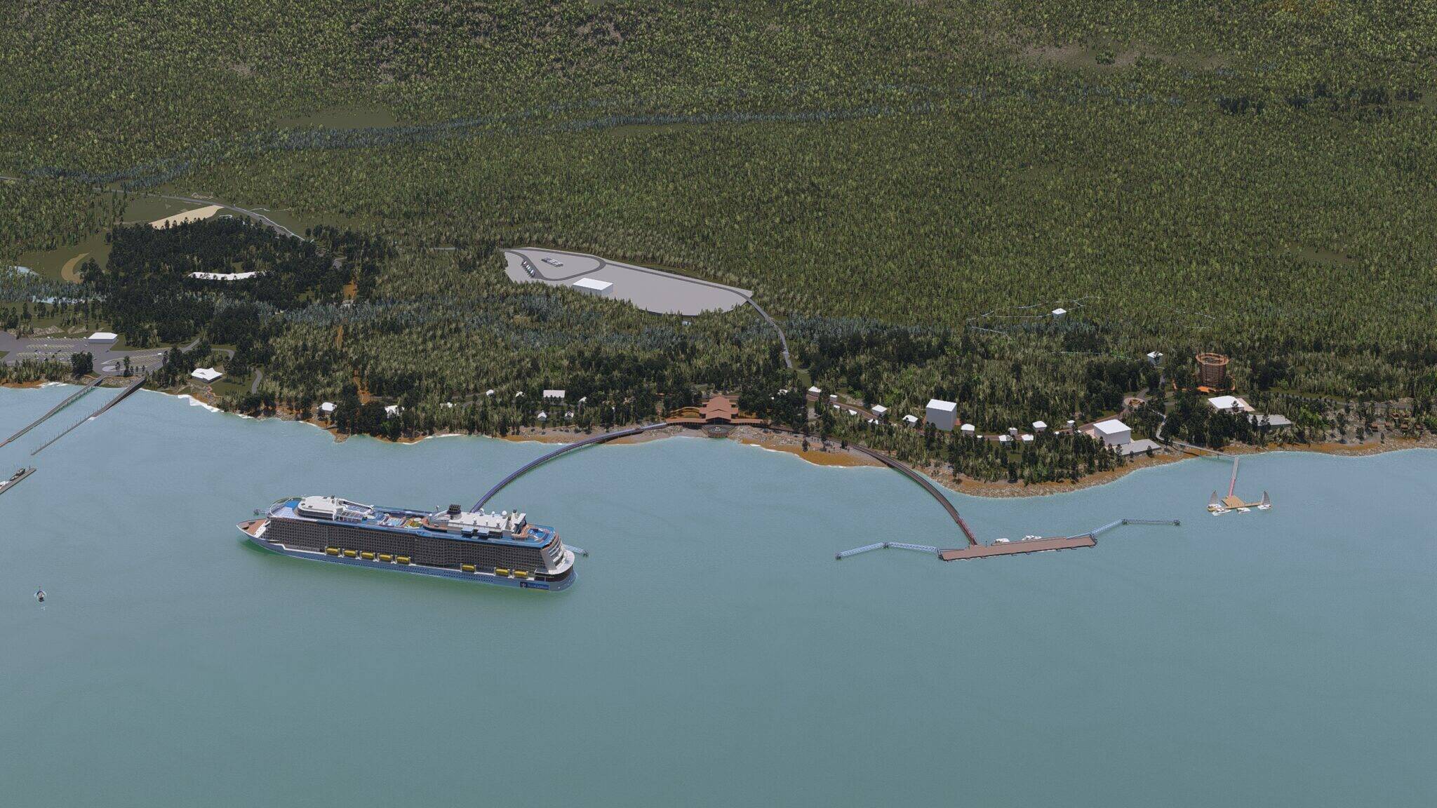 Goldbelt Inc. illustrates a potential cruise ship port and development along the coast of west Douglas Island. (Port of Tomorrow MG image)