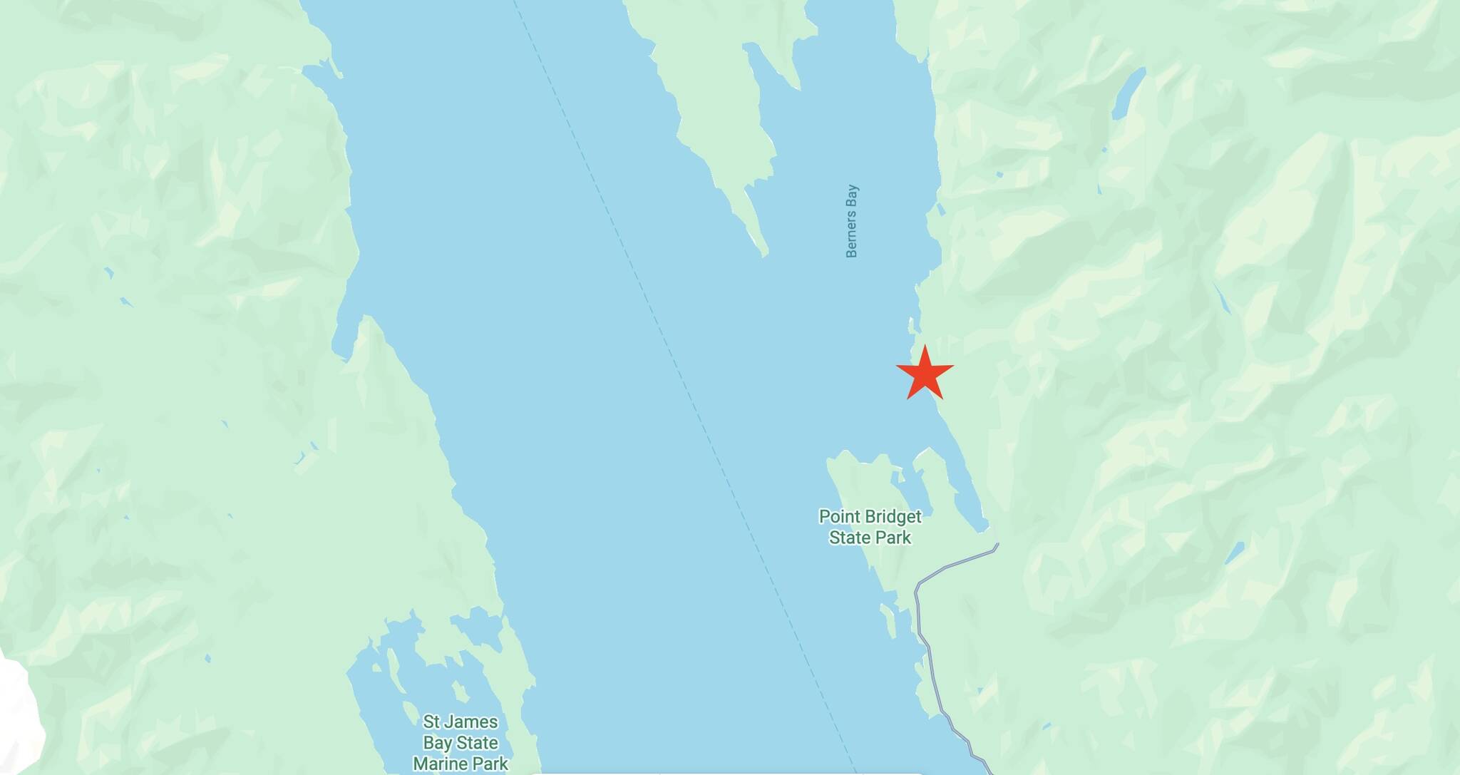 The star shows the approximate location of the proposed Cascade Point Ferry terminal by the Alaska Department of Transportation & Public Facilities in partnership with Goldbelt, Inc. (Google Maps screenshot)