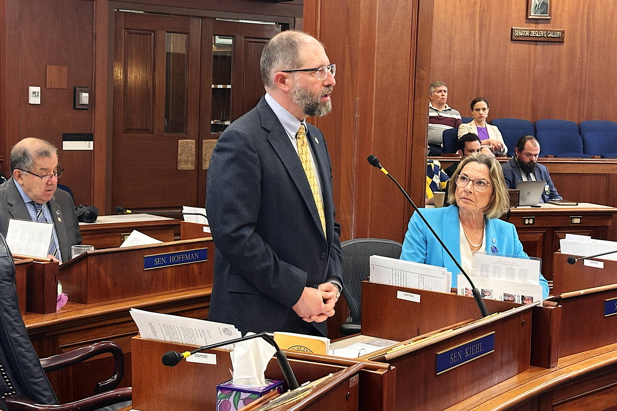 State Sen. Jesse Kiehl (D-Juneau) discusses a fisheries bill on the Senate floor on May 20, 2025. Kiehl recently spoke at the Oct. 6 Juneau Chamber of Commerce Luncheon alongside	(Mark Sabbatini/Juneau Empire file photo)