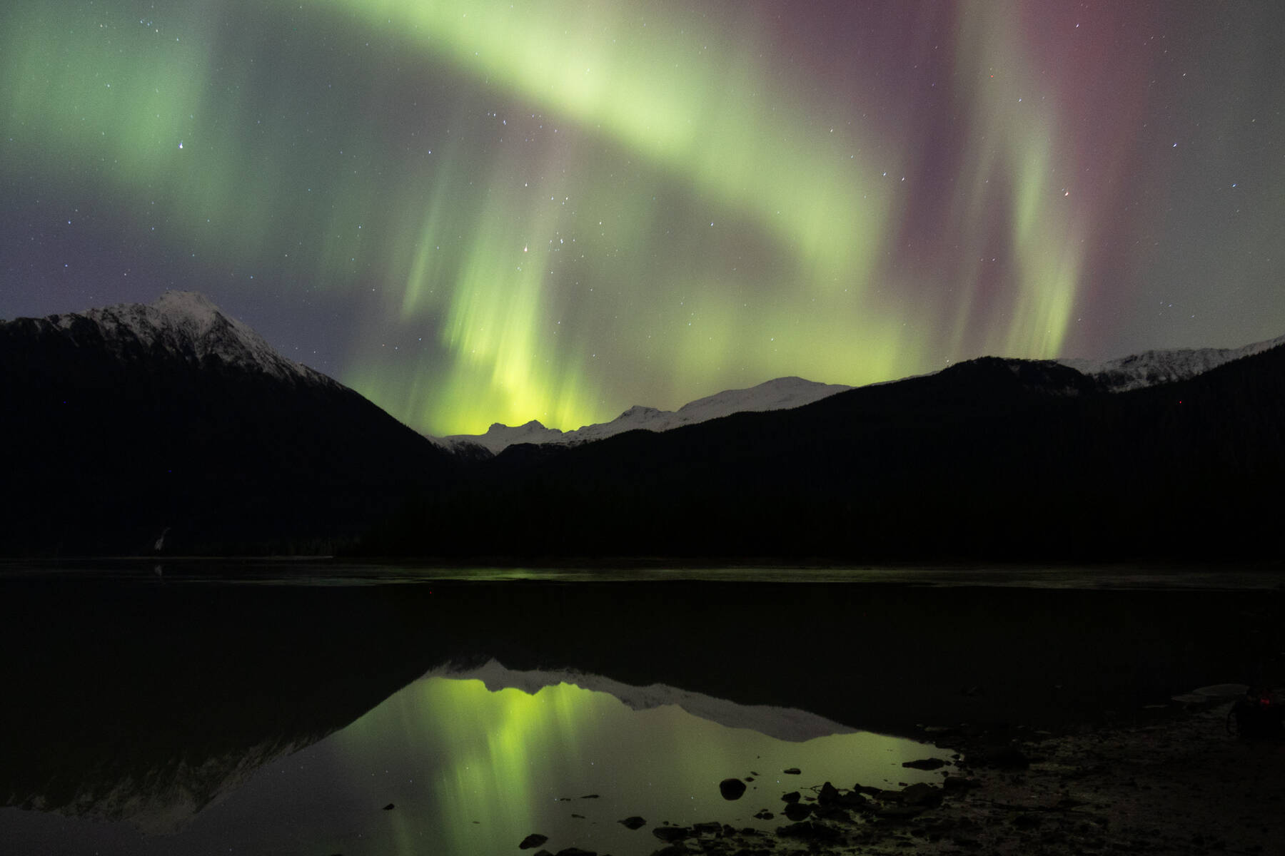 The aurora borealis is seen from Mendenhall Lake in Juneau on Nov. 12, 2025. A series of solar flares caused unusually bright displays of the northern lights across Alaska Tuesday and Wednesday nights. (Chloe Anderson/Peninsula Clarion)