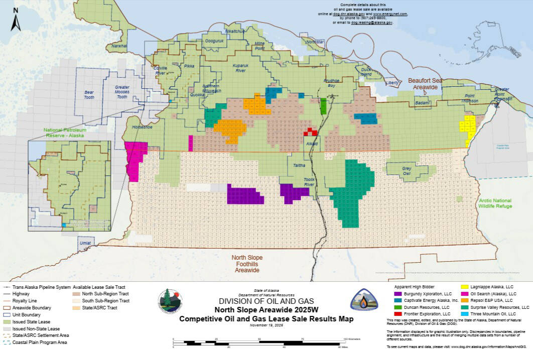 Tracts receiving bids in the 2025 North Slope areawide oil and gas lease sale held by the Alaska Division of Oil and Gas are shown on a map. Preliminary sale results were released on Nov. 19, 2025. (Map provided by the Alaska Division of Oil and Gas)