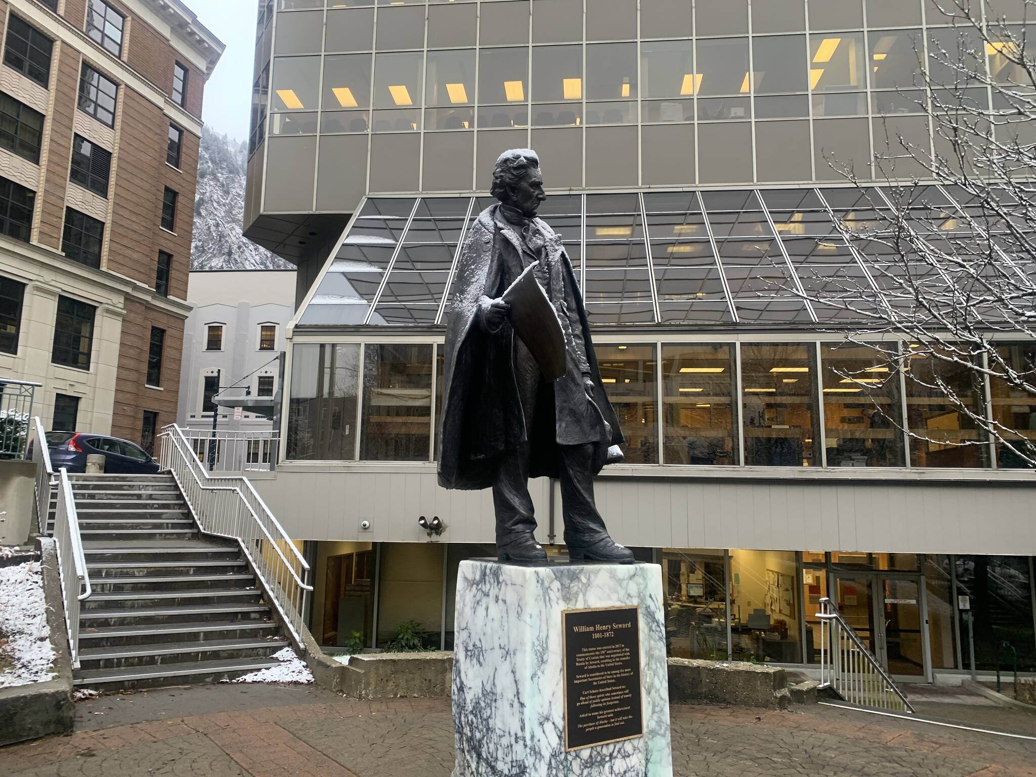 A statue of William Henry Seward stands outside the Dimond Courthouse in downtown Juneau. (Mark Sabbatini / Juneau Empire file photo)