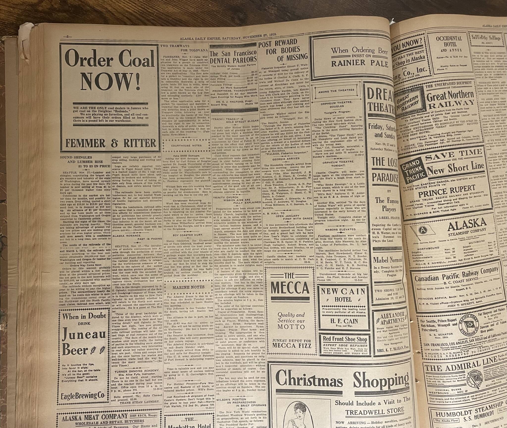 A page of the Juneau Empire from a Nov. 27, 1915 edition. (Mari Kanagy / Juneau Empire)