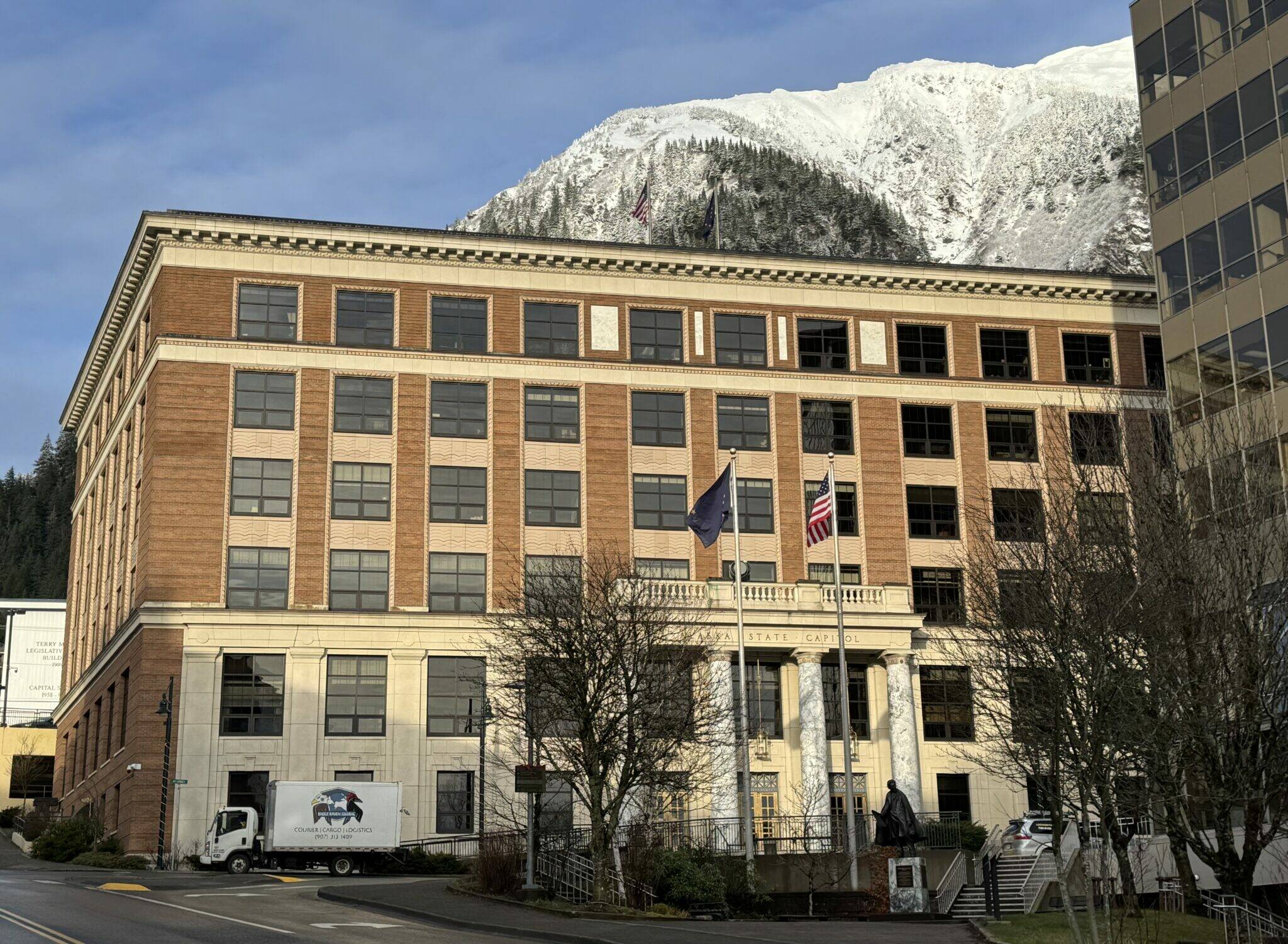 The Alaska State Capitol is seen on Tuesday, Nov. 25, 2025. (Photo by James Brooks/Alaska Beacon)