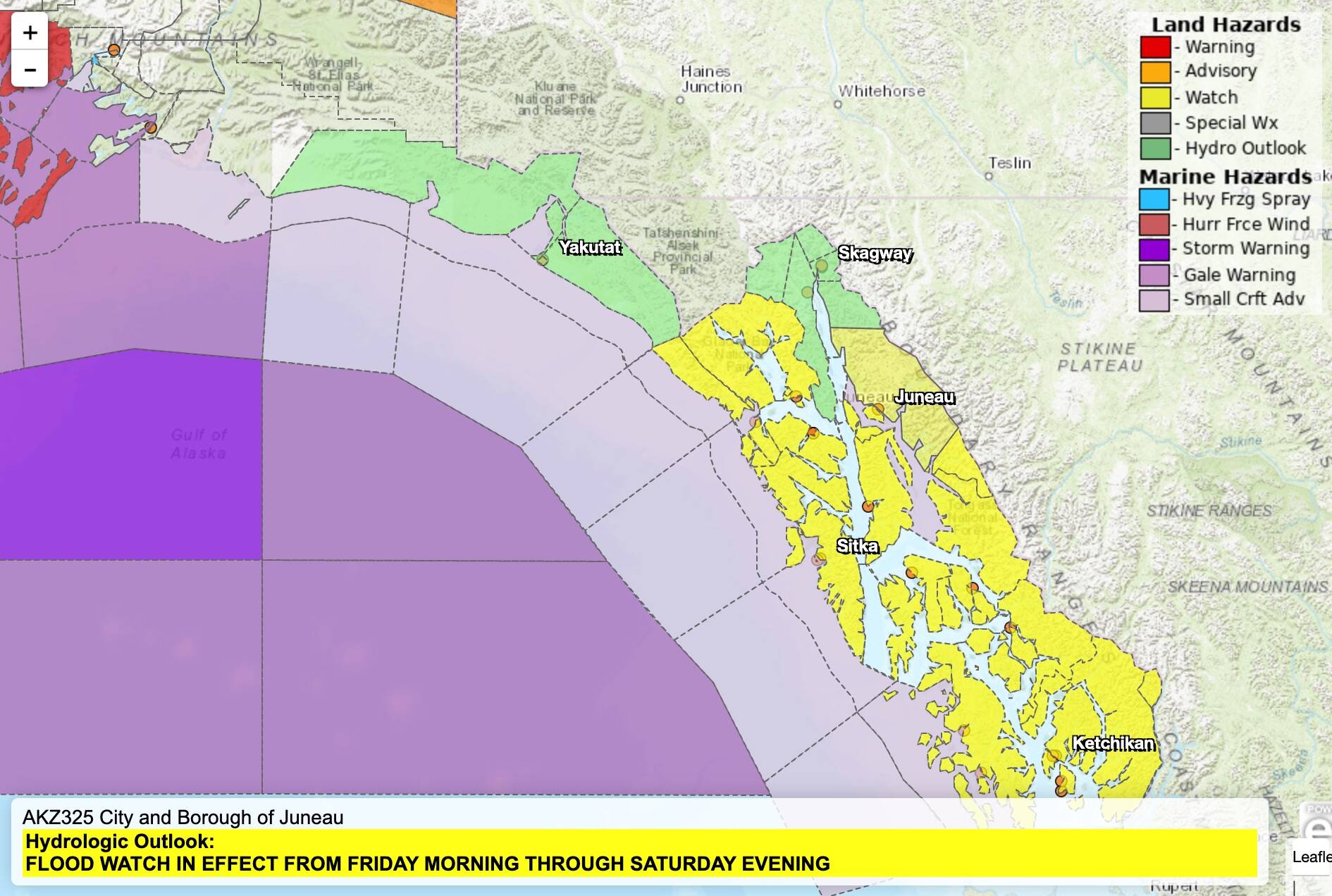 The National Weather Service has issued a flood watch for Friday morning through Saturday for Juneau and much of the Southeast. (NWS screenshot)