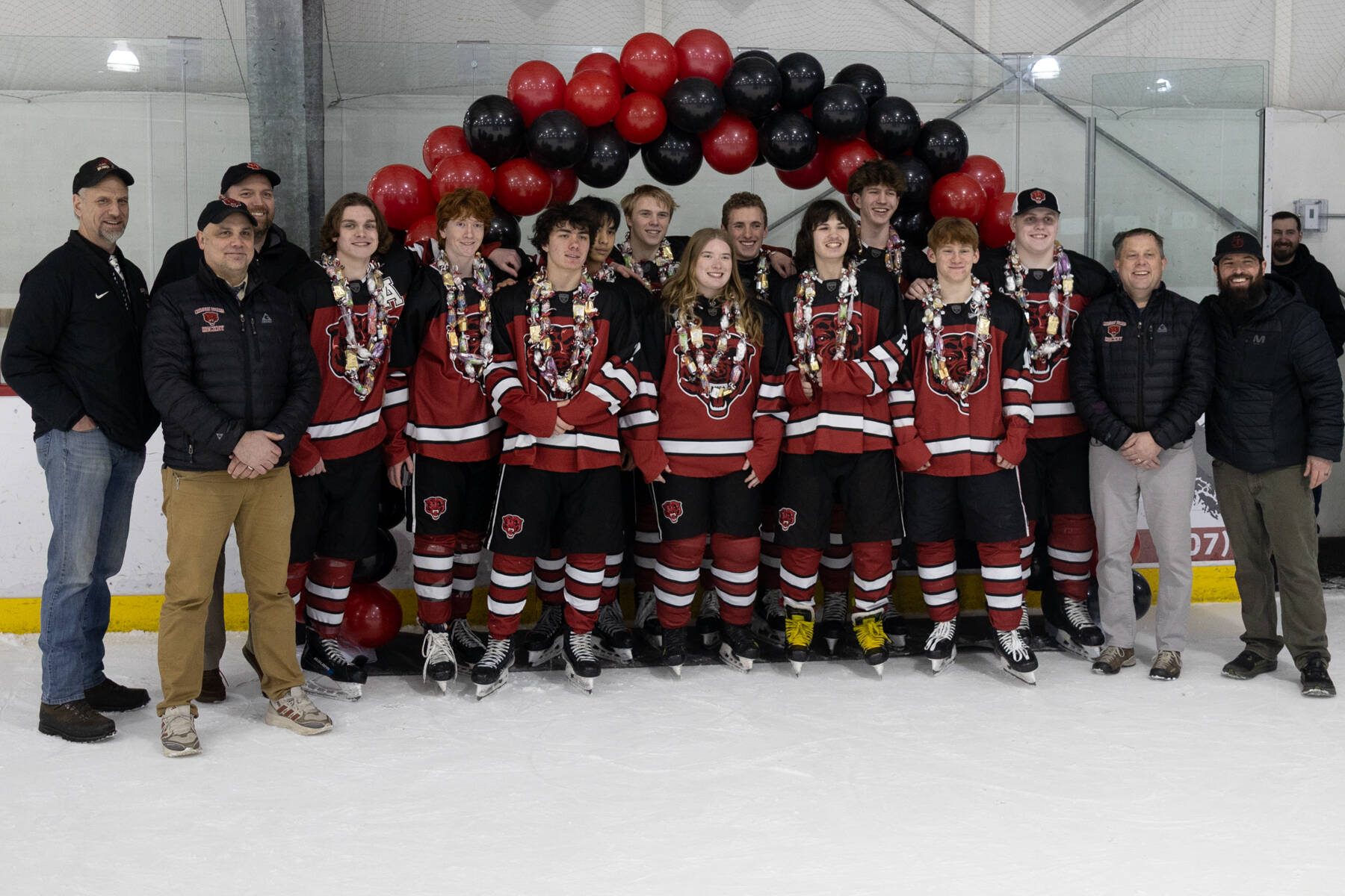 Senior Juneau-Douglas High School: Yadaa.at Kalé hockey players were recognized at the Treadwell Arena on Friday, Jan. 23, 2026 before the Crimson Bears faced the Homer Mariners. Head coach Matt Boline and assistant coaches Mike Bovitz, Luke Adams, Jason Kohlase and Dave Kovach honored 11 seniors. (Chloe Anderson / Juneau Empire)