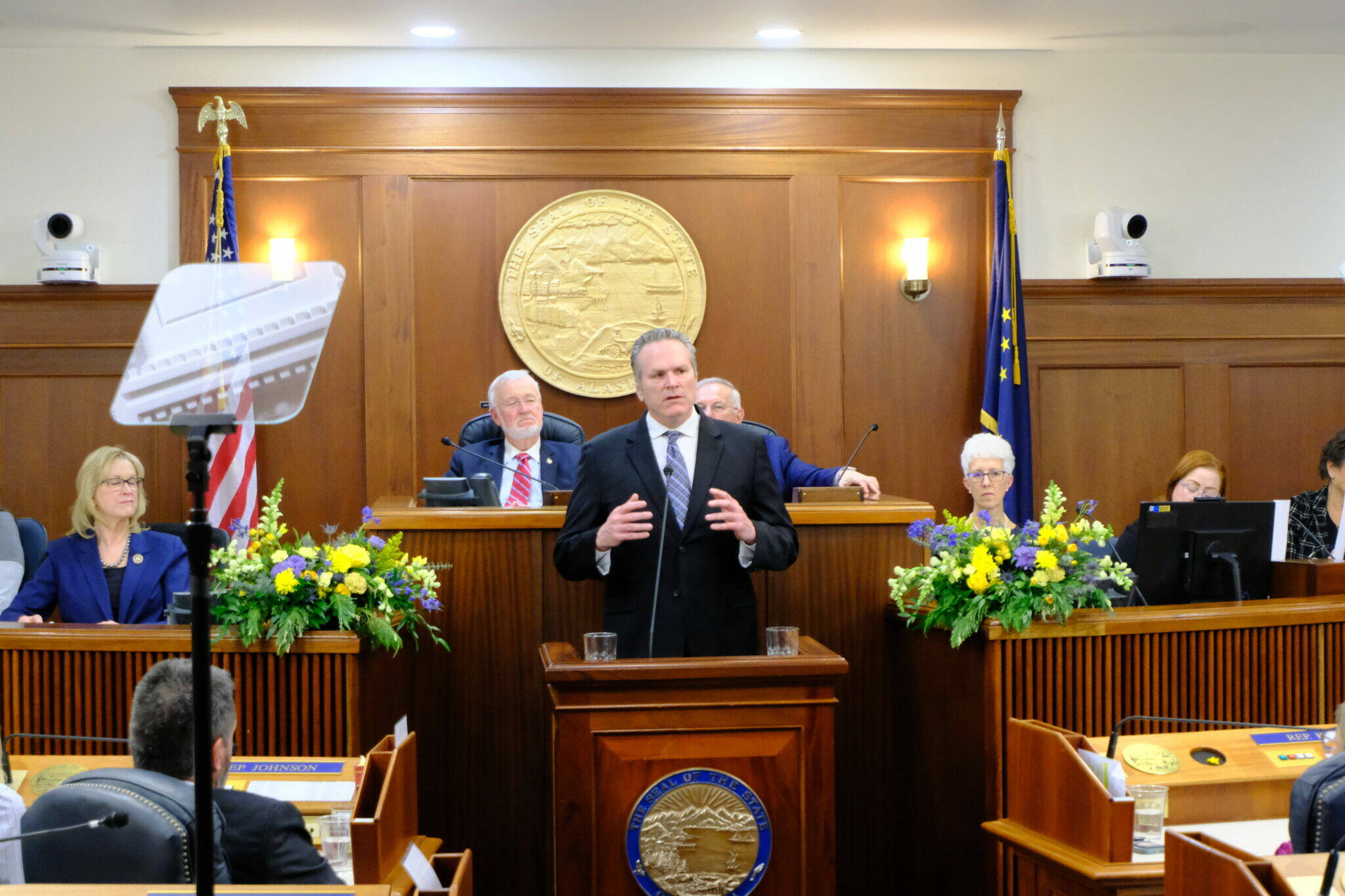 Gov. Mike Dunleavy gestures during his State of the State address on Jan. 22, 2026. (Photo by Corinne Smith/Alaska Beacon)