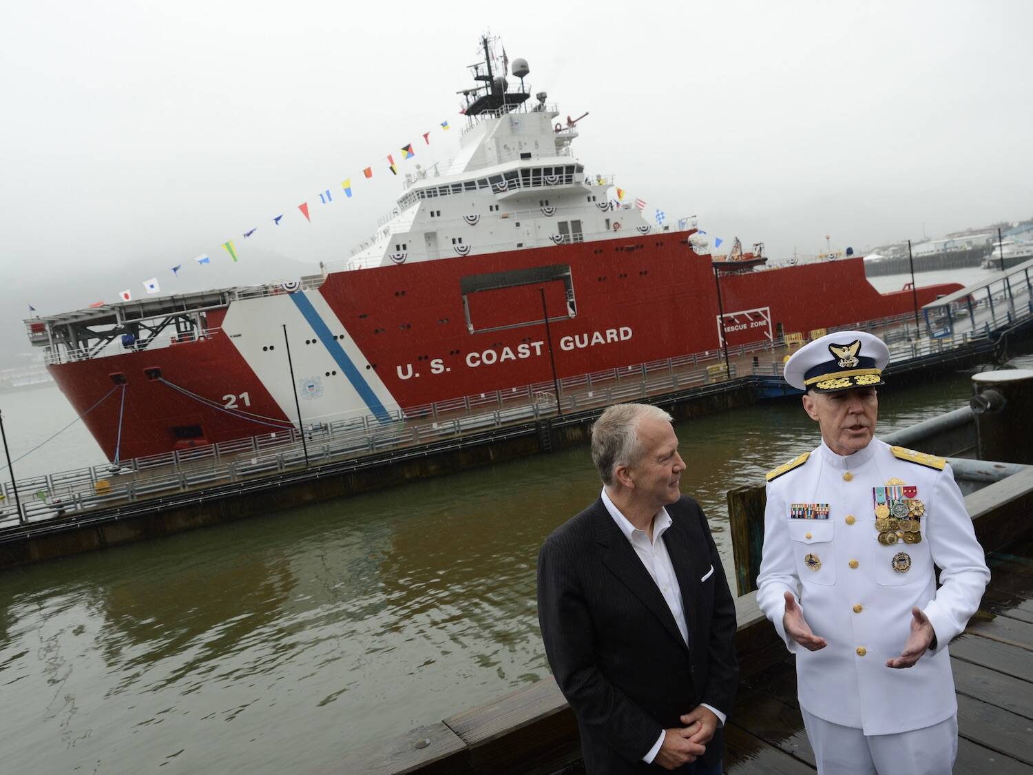 Photo by James Brooks/Alaska Beacon
U.S. Sen. Dan Sullivan stands with acting Coast Guard Commandant Adm. Kevin Lunday during the after the commissioning ceremony for the Coast Guard icebreaker Storis on Sunday, Aug. 10, 2025, in Juneau, Alaska.