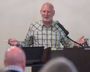 Captain Dan Blanchard, CEO of Uncruise Adventures, speaks to the Juneau Chamber of Commerce during its weekly luncheon at the Moose Lodge on Thursday, June 14, 2018. (Michael Penn | Juneau Empire)