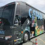 A C-SPAN bus that is visiting all 50 state capitals this summer sits in the parking lot of the GCI Store on Airport Boulevard on Monday, June 18, 2018. Juneau is the 38th stop for the bus. (Alex McCarthy | Juneau Empire)